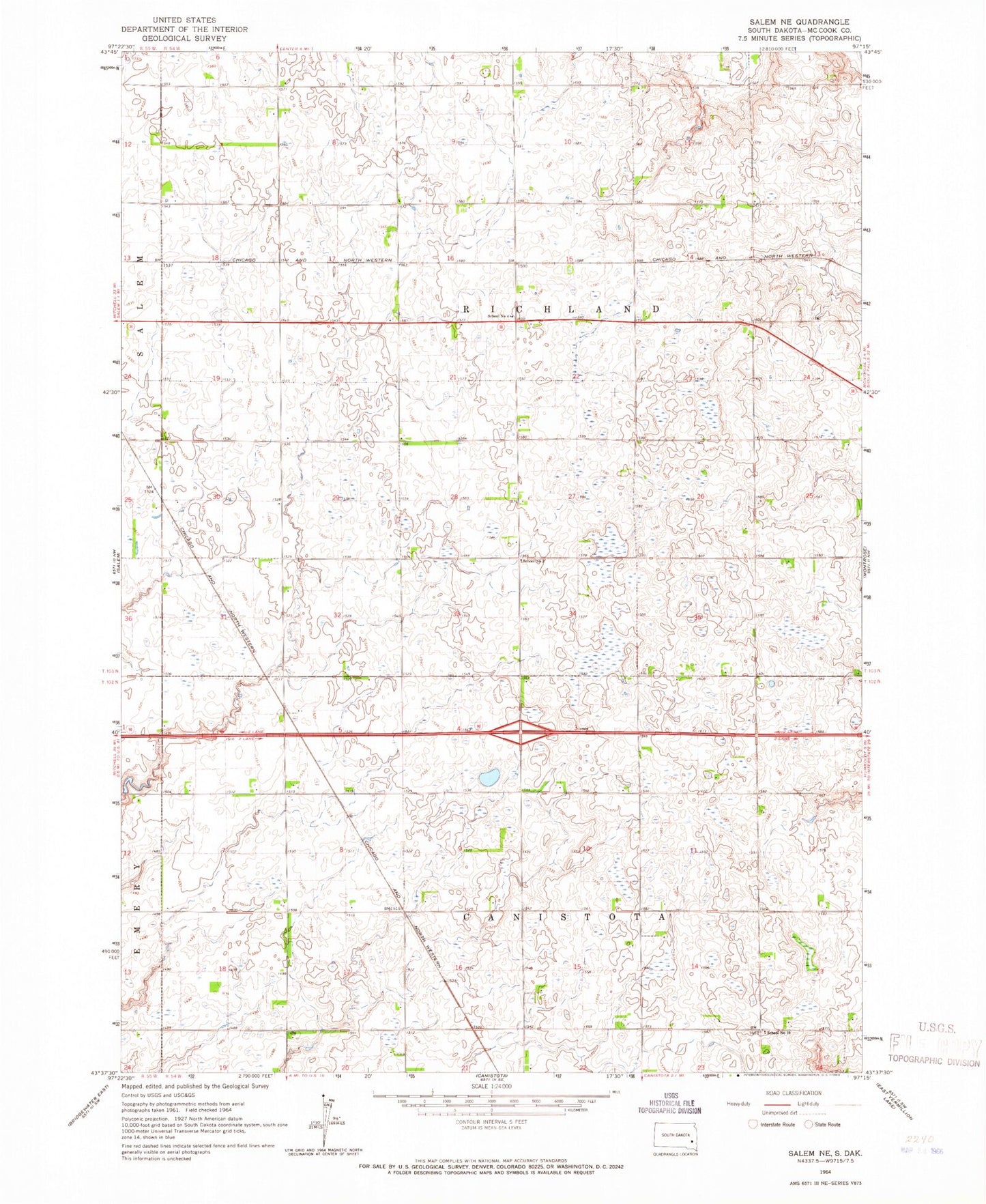 Classic USGS Salem NE South Dakota 7.5'x7.5' Topo Map Image