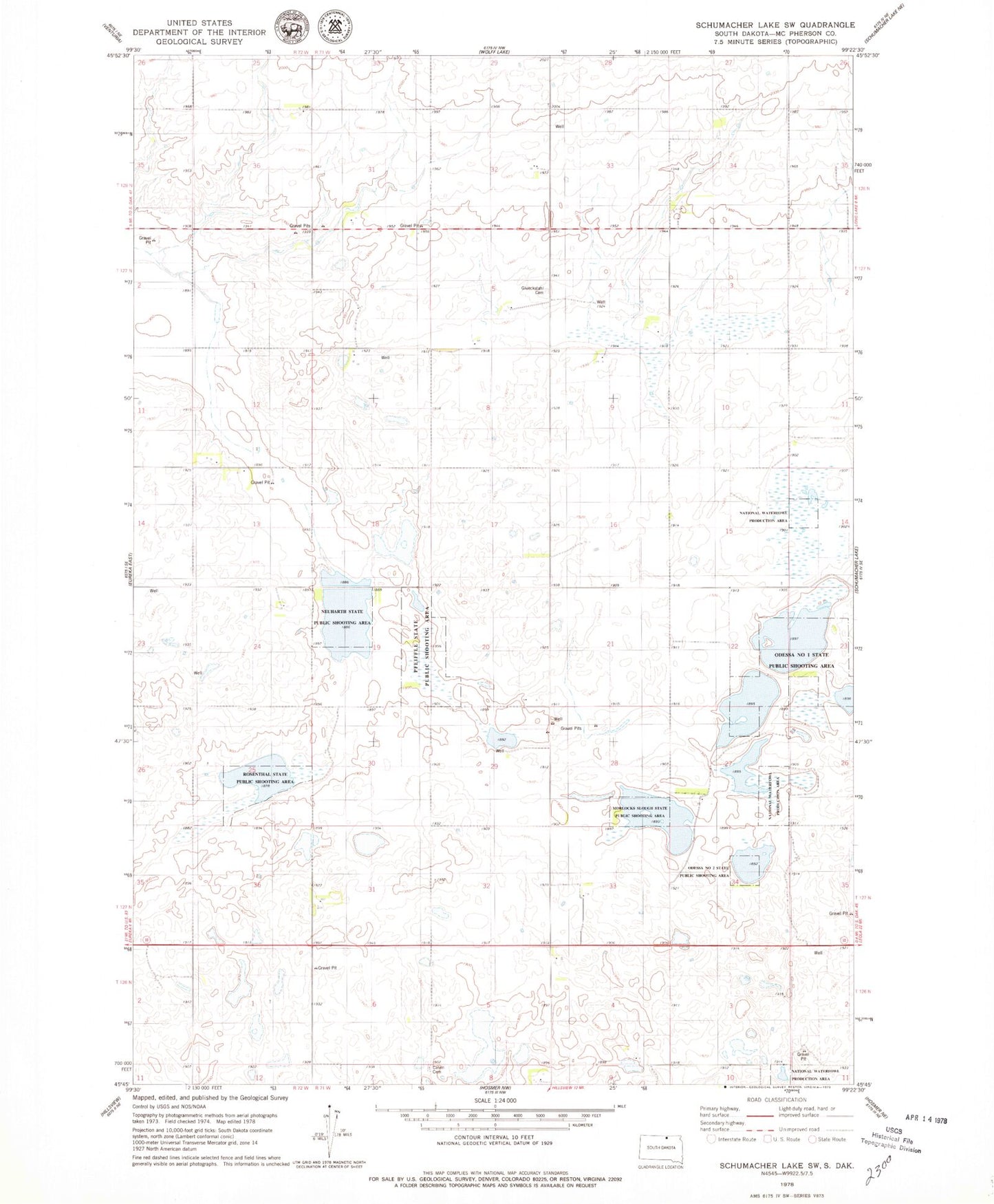 Classic USGS Schumacher Lake SW South Dakota 7.5'x7.5' Topo Map Image