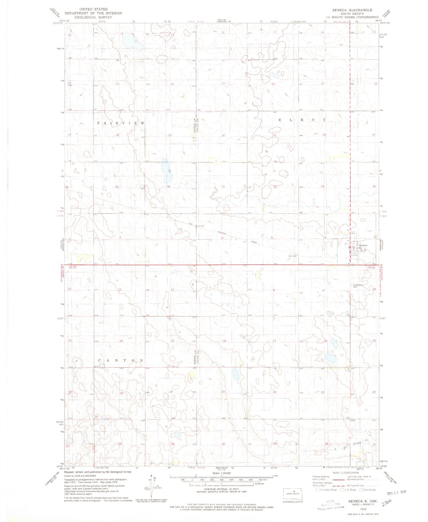 Classic USGS Seneca South Dakota 7.5'x7.5' Topo Map Image