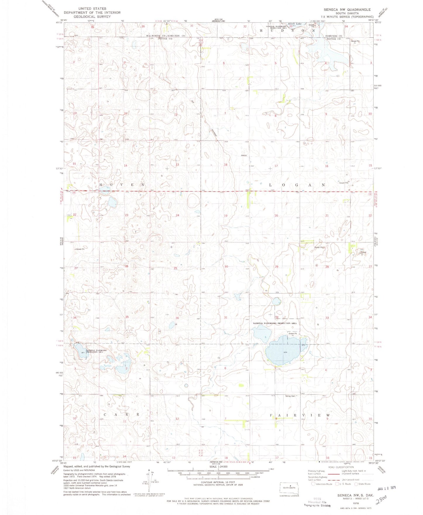 Classic USGS Seneca NW South Dakota 7.5'x7.5' Topo Map Image