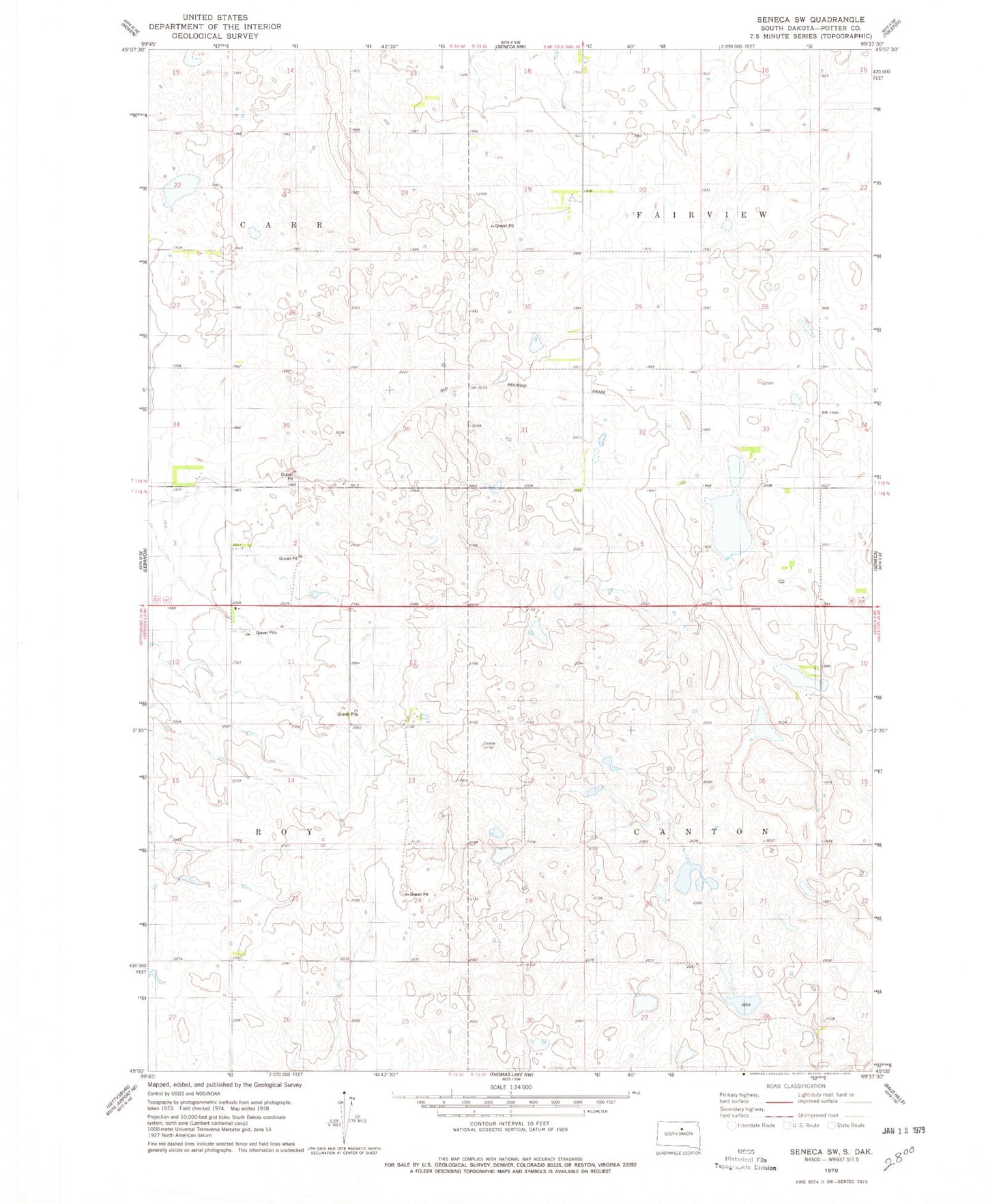 Classic USGS Seneca SW South Dakota 7.5'x7.5' Topo Map Image