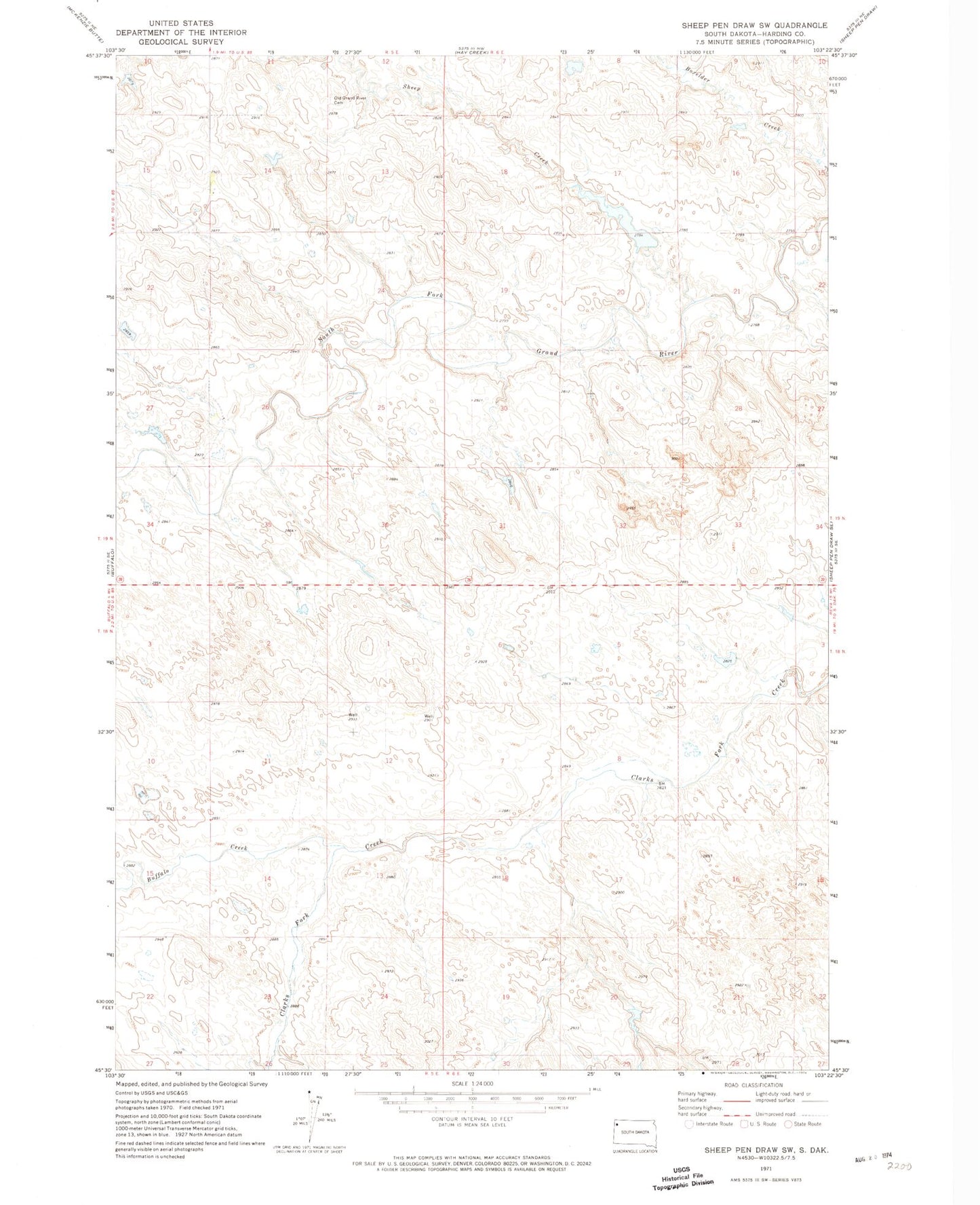 Classic USGS Sheep Pen Draw SW South Dakota 7.5'x7.5' Topo Map Image