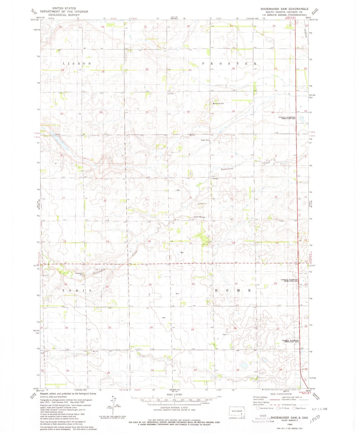 Classic USGS Shoemaker Dam South Dakota 7.5'x7.5' Topo Map Image