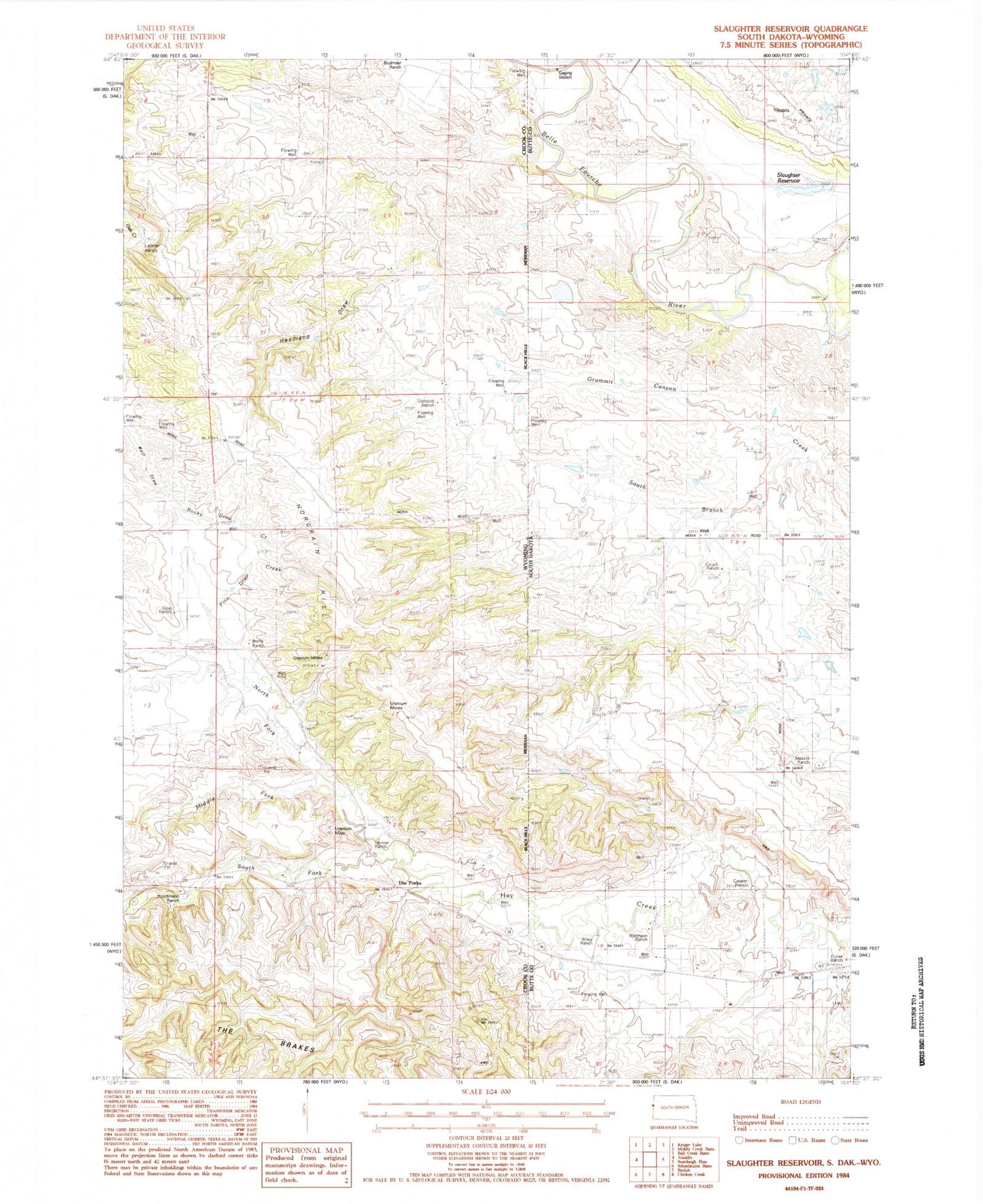 Classic USGS Slaughter Reservoir South Dakota 7.5'x7.5' Topo Map Image