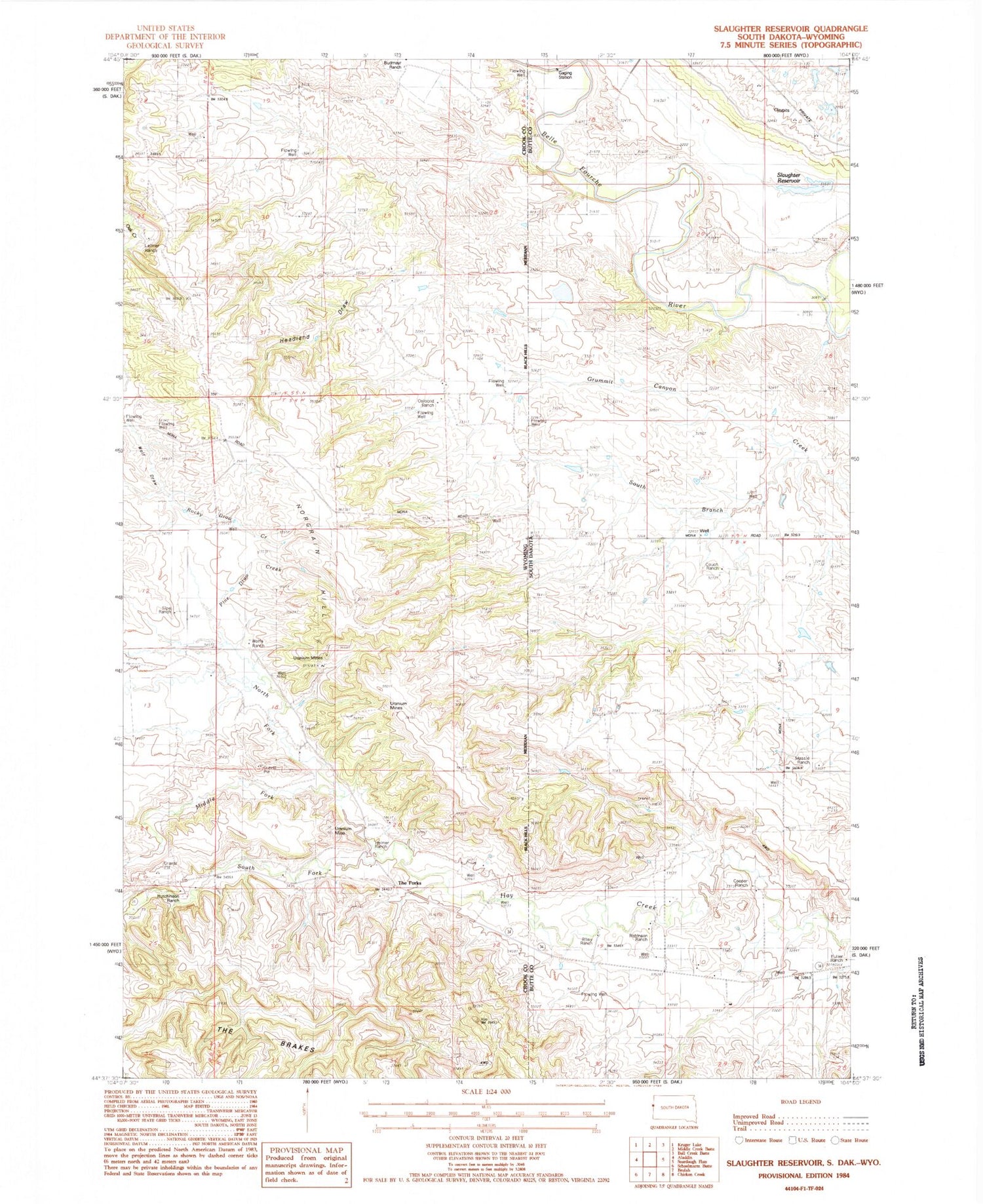 Classic USGS Slaughter Reservoir South Dakota 7.5'x7.5' Topo Map Image