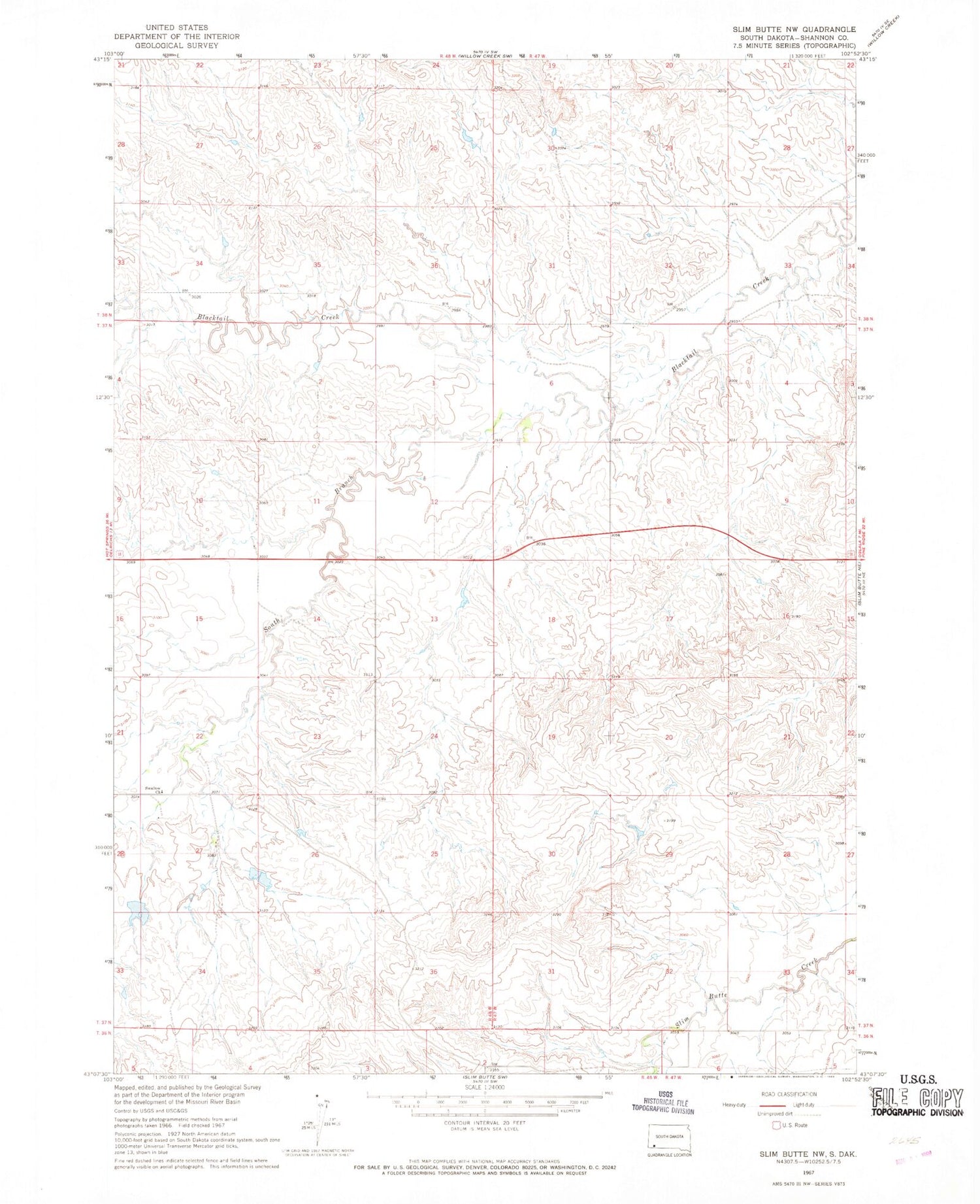 Classic USGS Slim Butte NW South Dakota 7.5'x7.5' Topo Map Image