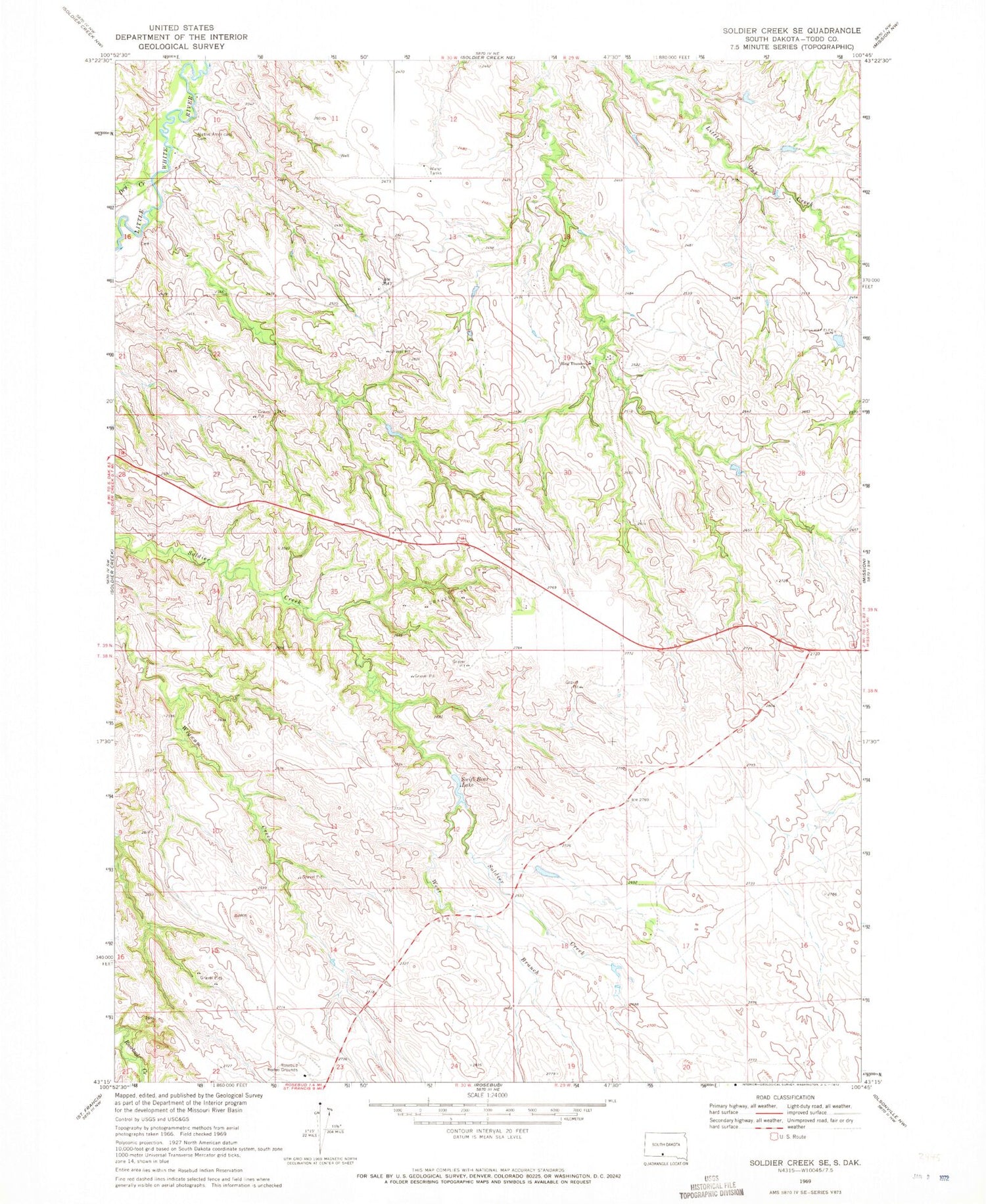 Classic USGS Soldier Creek SE South Dakota 7.5'x7.5' Topo Map Image