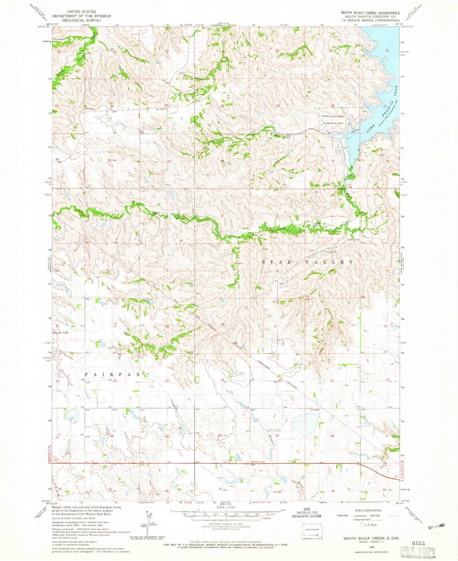 Classic USGS South Scalp Creek South Dakota 7.5'x7.5' Topo Map Image