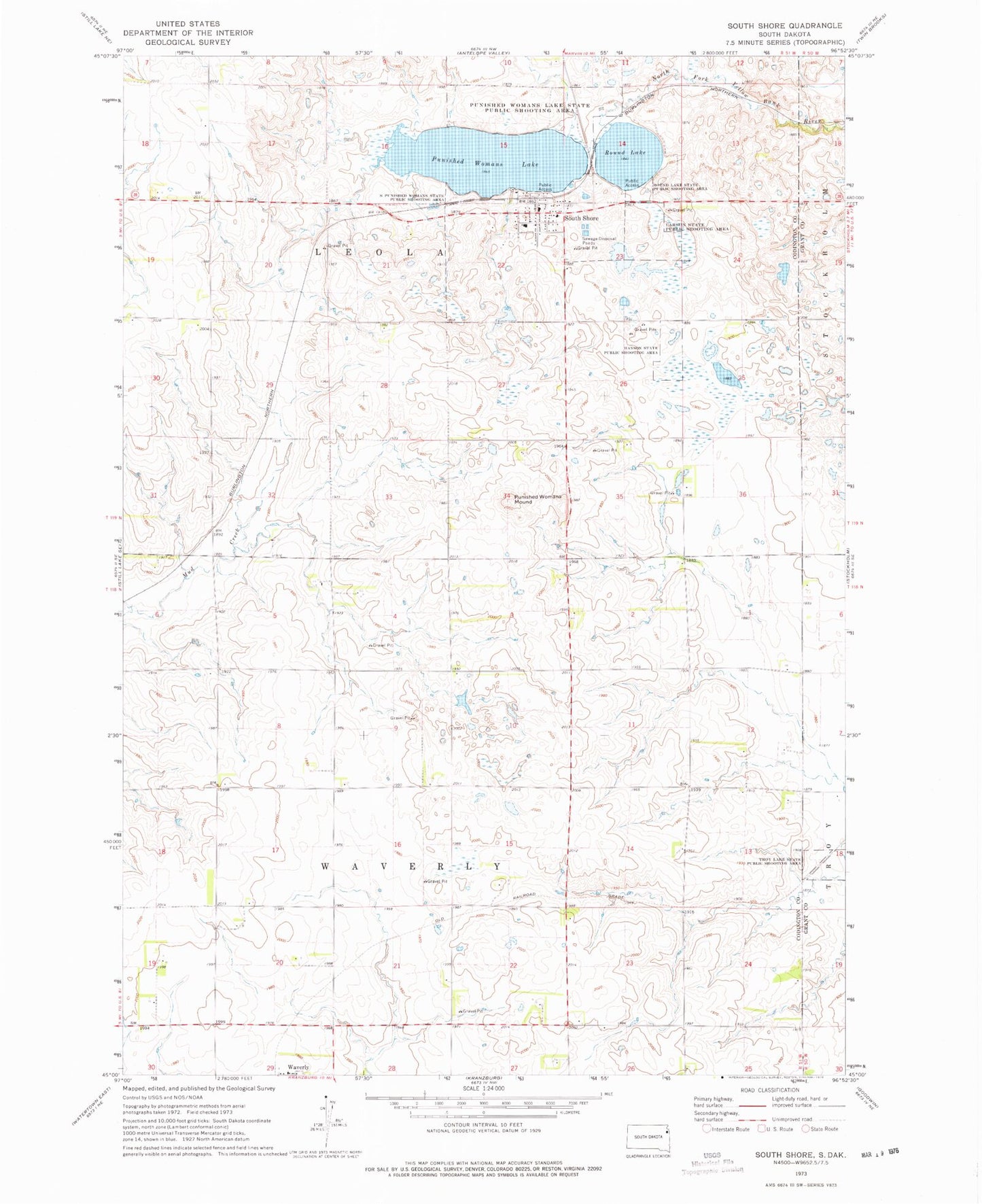 Classic USGS South Shore South Dakota 7.5'x7.5' Topo Map Image