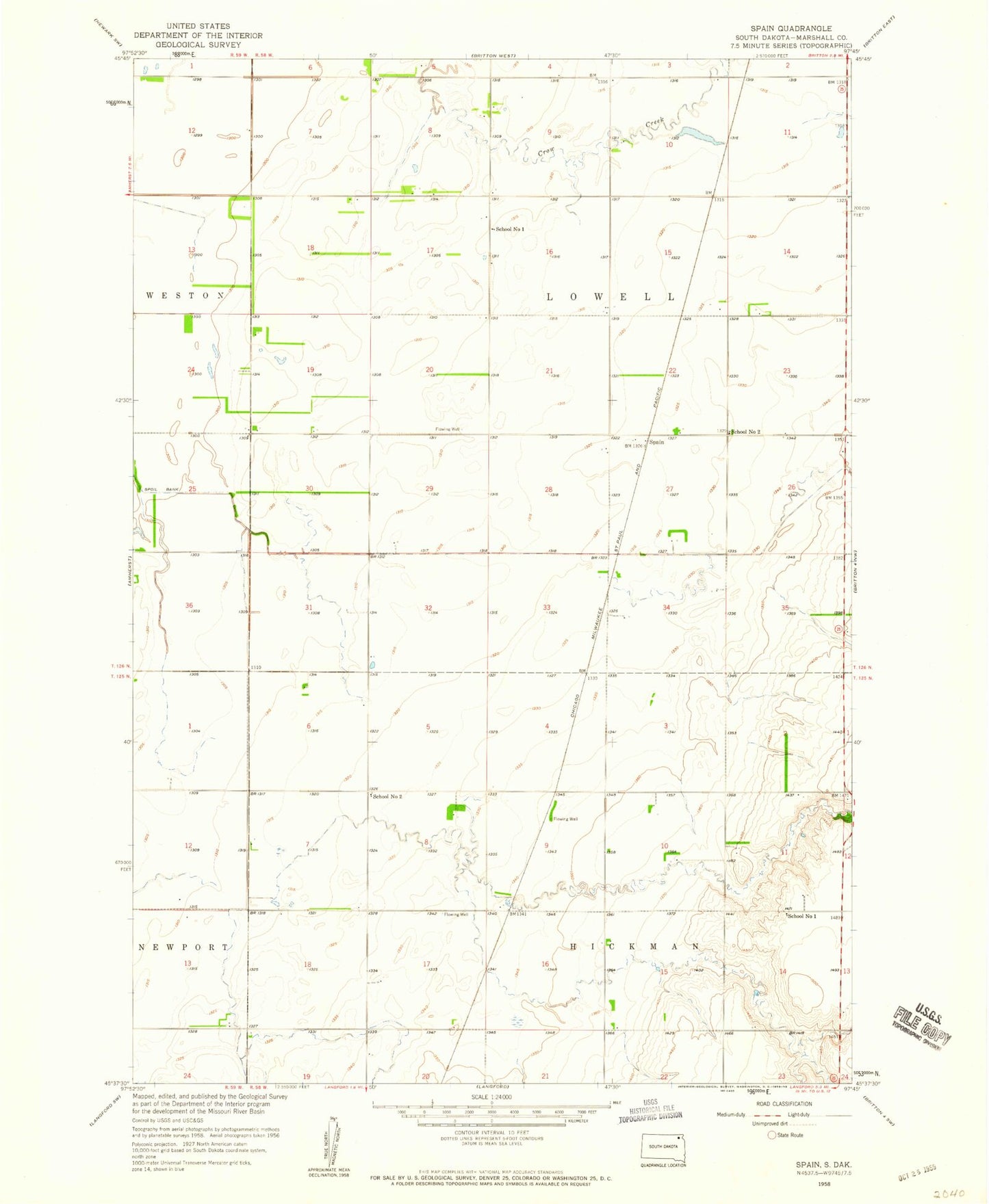 Classic USGS Spain South Dakota 7.5'x7.5' Topo Map Image