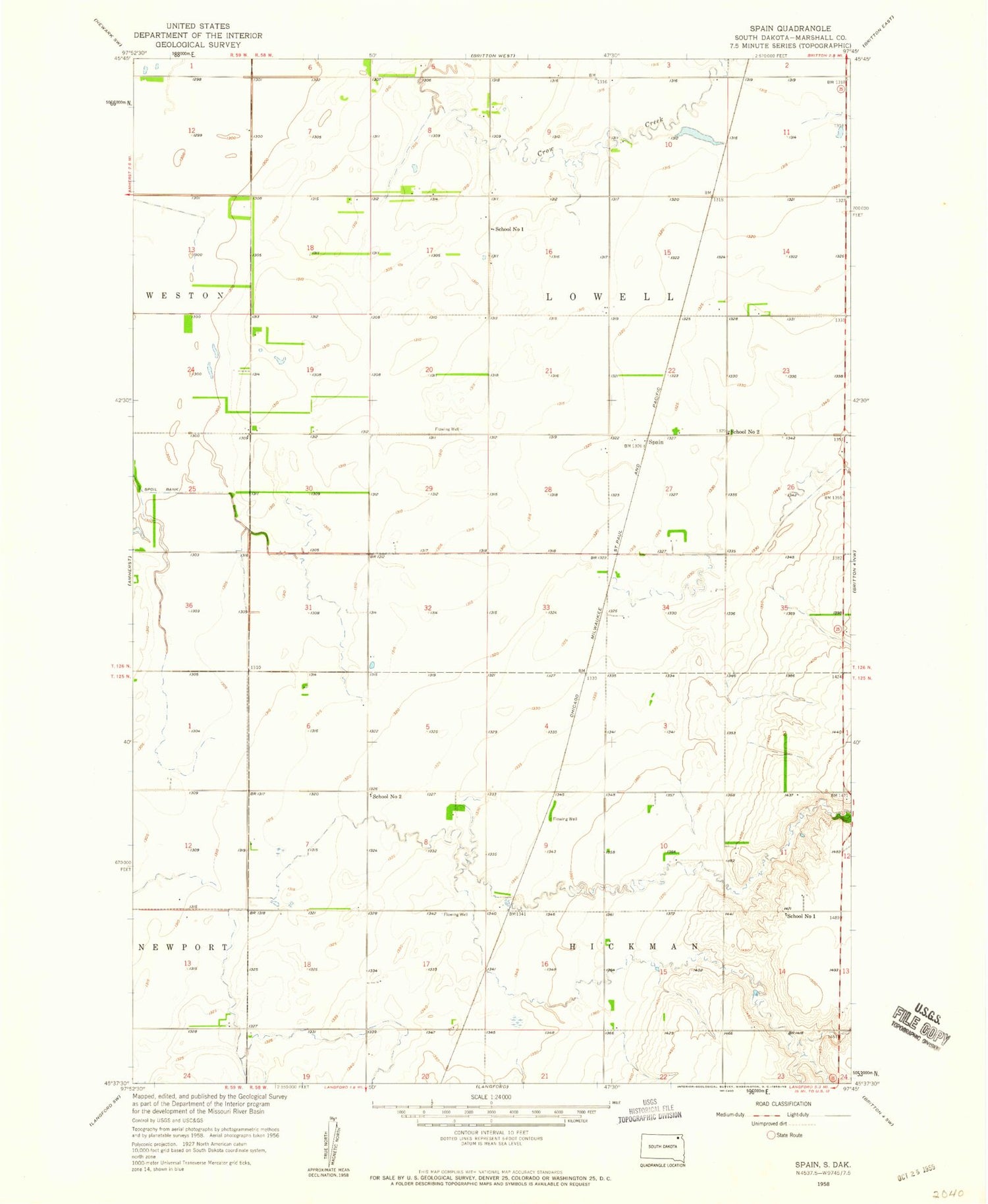 Classic USGS Spain South Dakota 7.5'x7.5' Topo Map Image