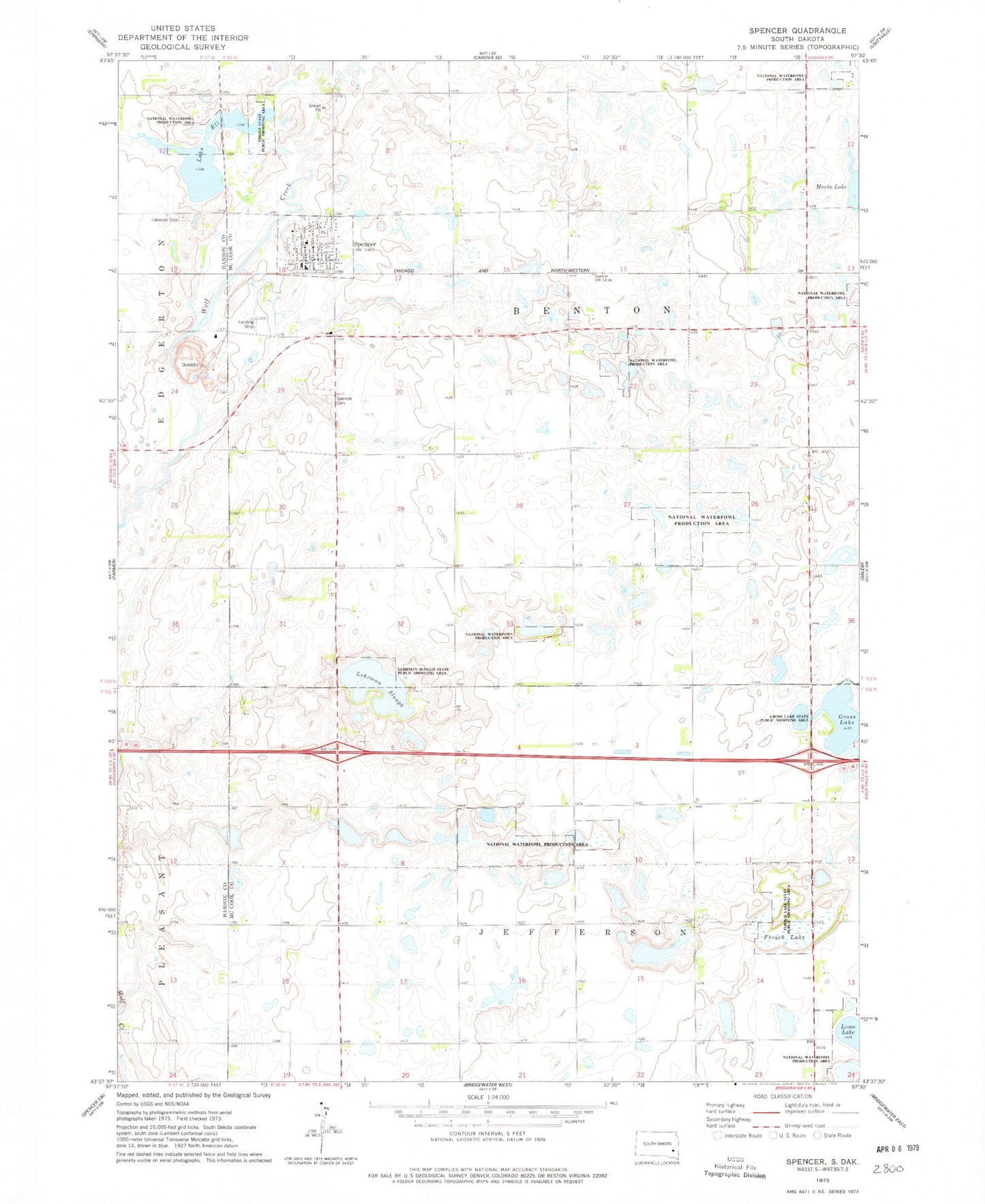 Classic USGS Spencer South Dakota 7.5'x7.5' Topo Map Image