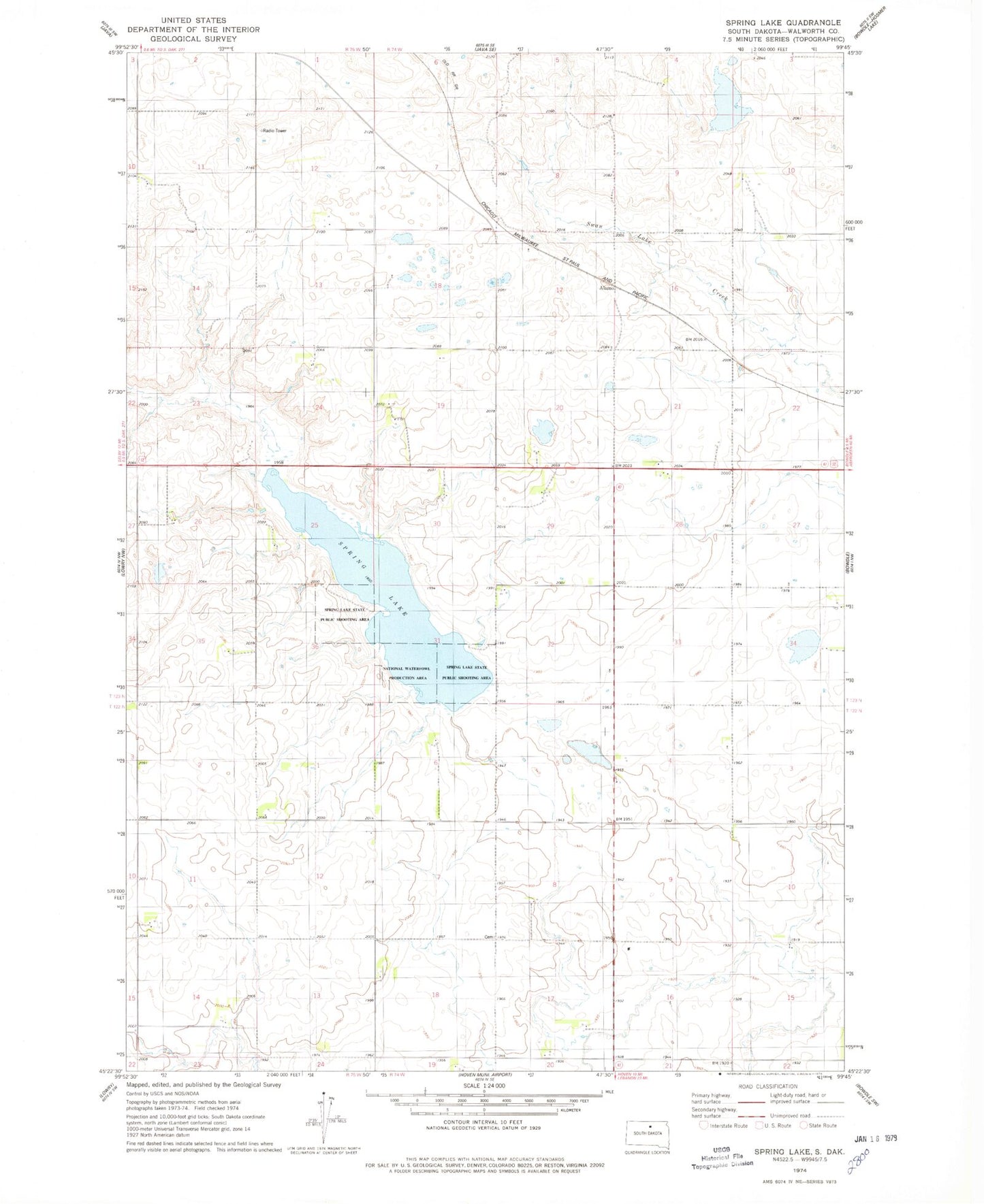 Classic USGS Spring Lake South Dakota 7.5'x7.5' Topo Map Image