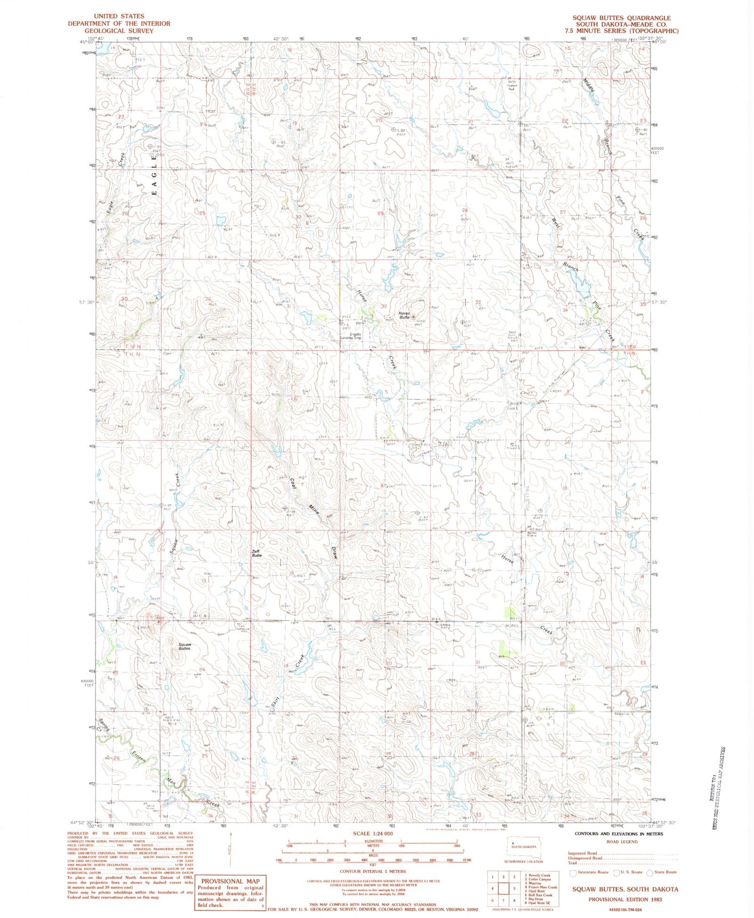 Classic USGS Squaw Buttes South Dakota 7.5'x7.5' Topo Map Image