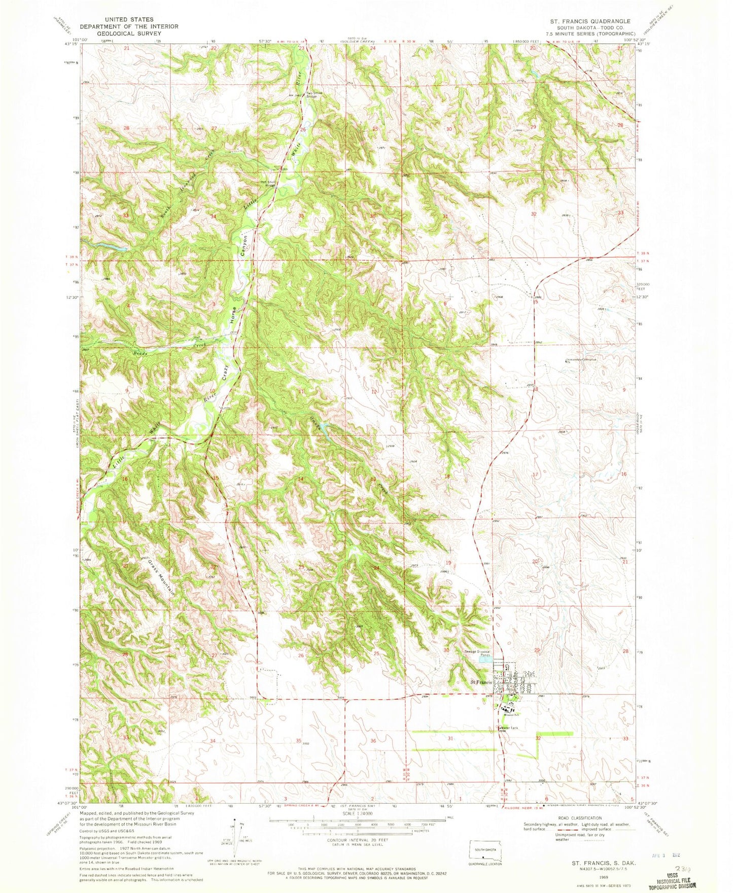 Classic USGS Saint Francis South Dakota 7.5'x7.5' Topo Map Image