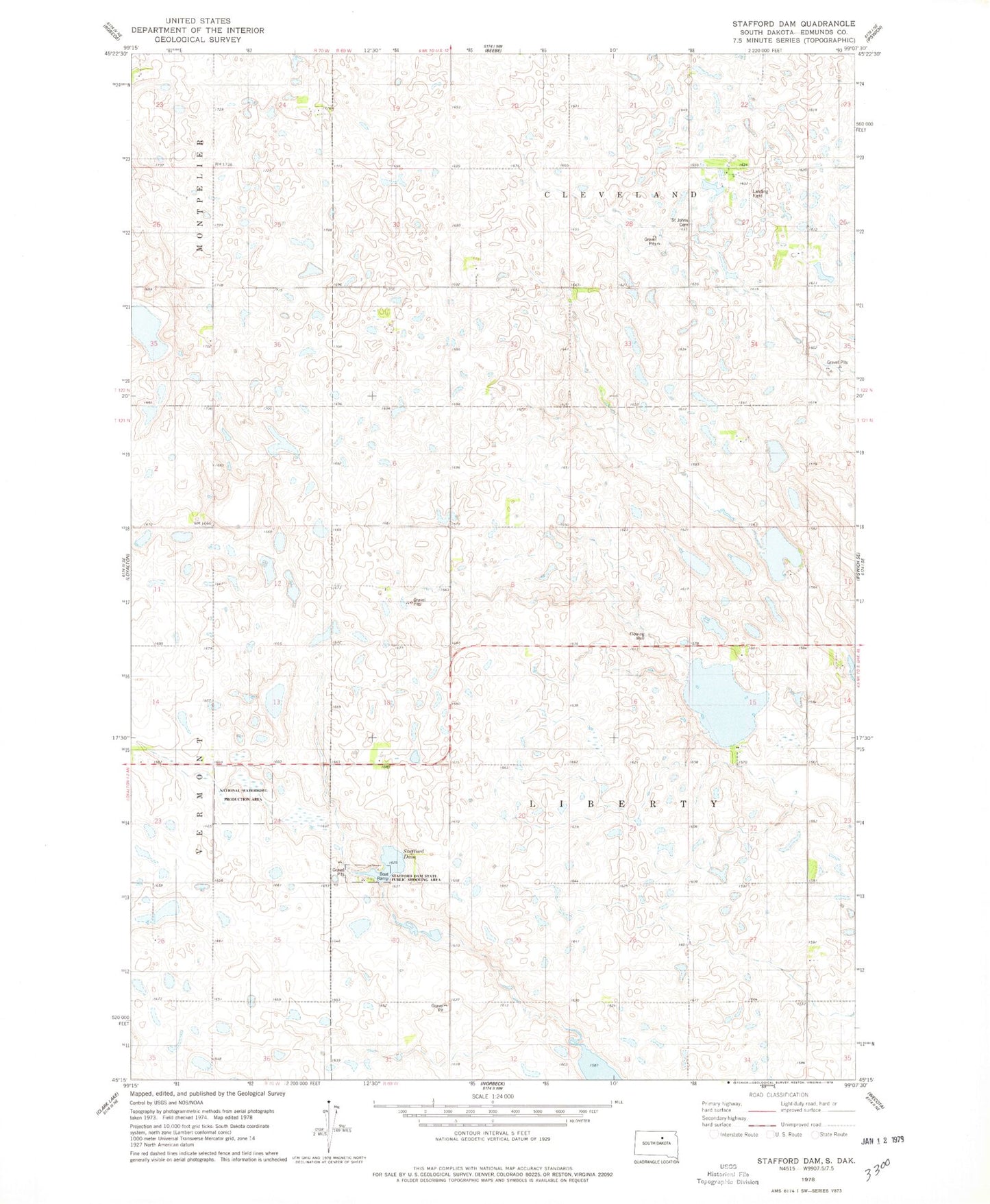 Classic USGS Stafford Dam South Dakota 7.5'x7.5' Topo Map Image