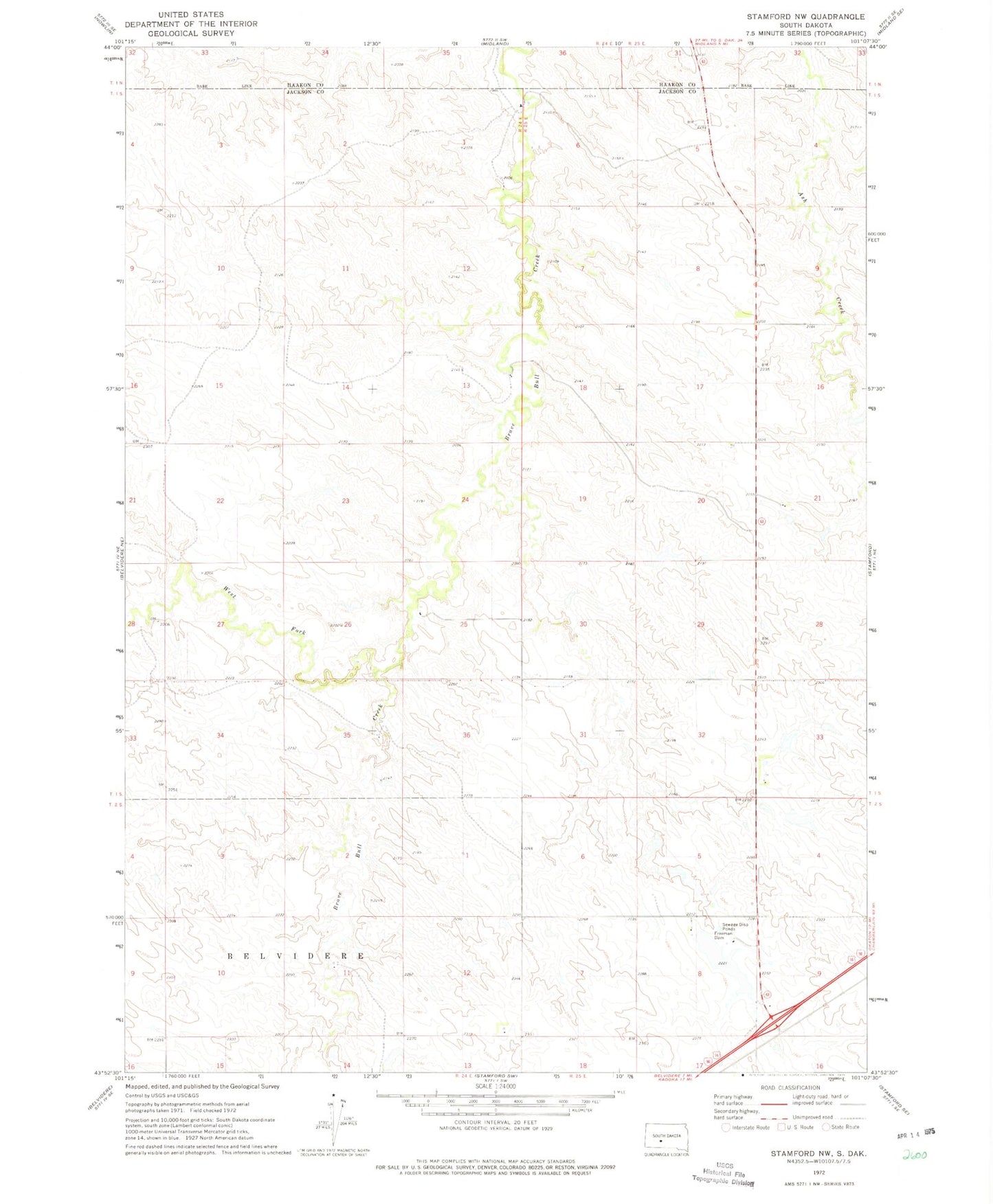 Classic USGS Stamford NW South Dakota 7.5'x7.5' Topo Map Image