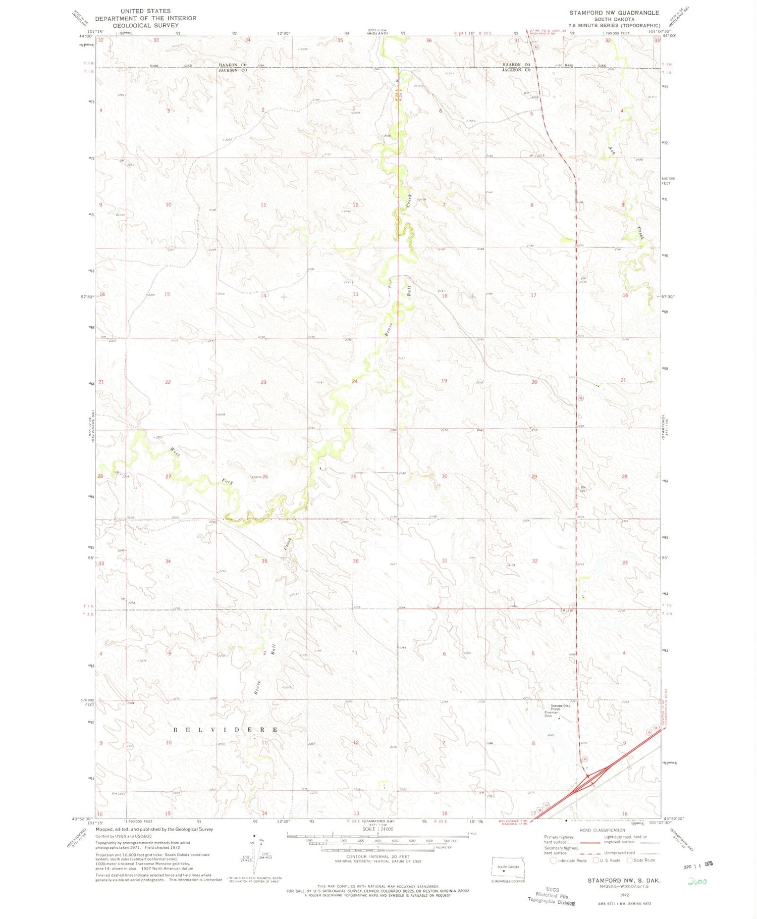 Classic USGS Stamford NW South Dakota 7.5'x7.5' Topo Map Image