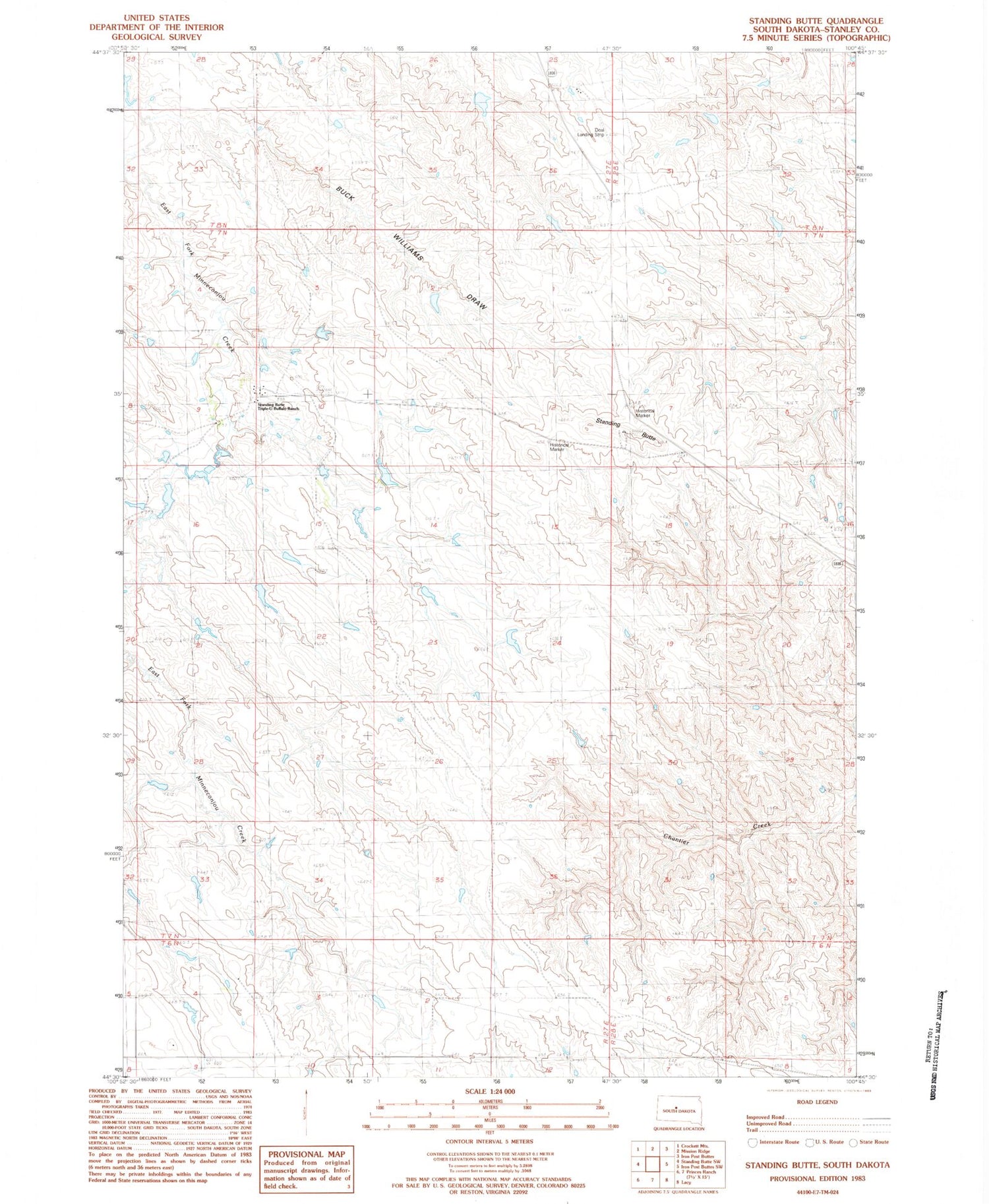 Classic USGS Standing Butte South Dakota 7.5'x7.5' Topo Map Image