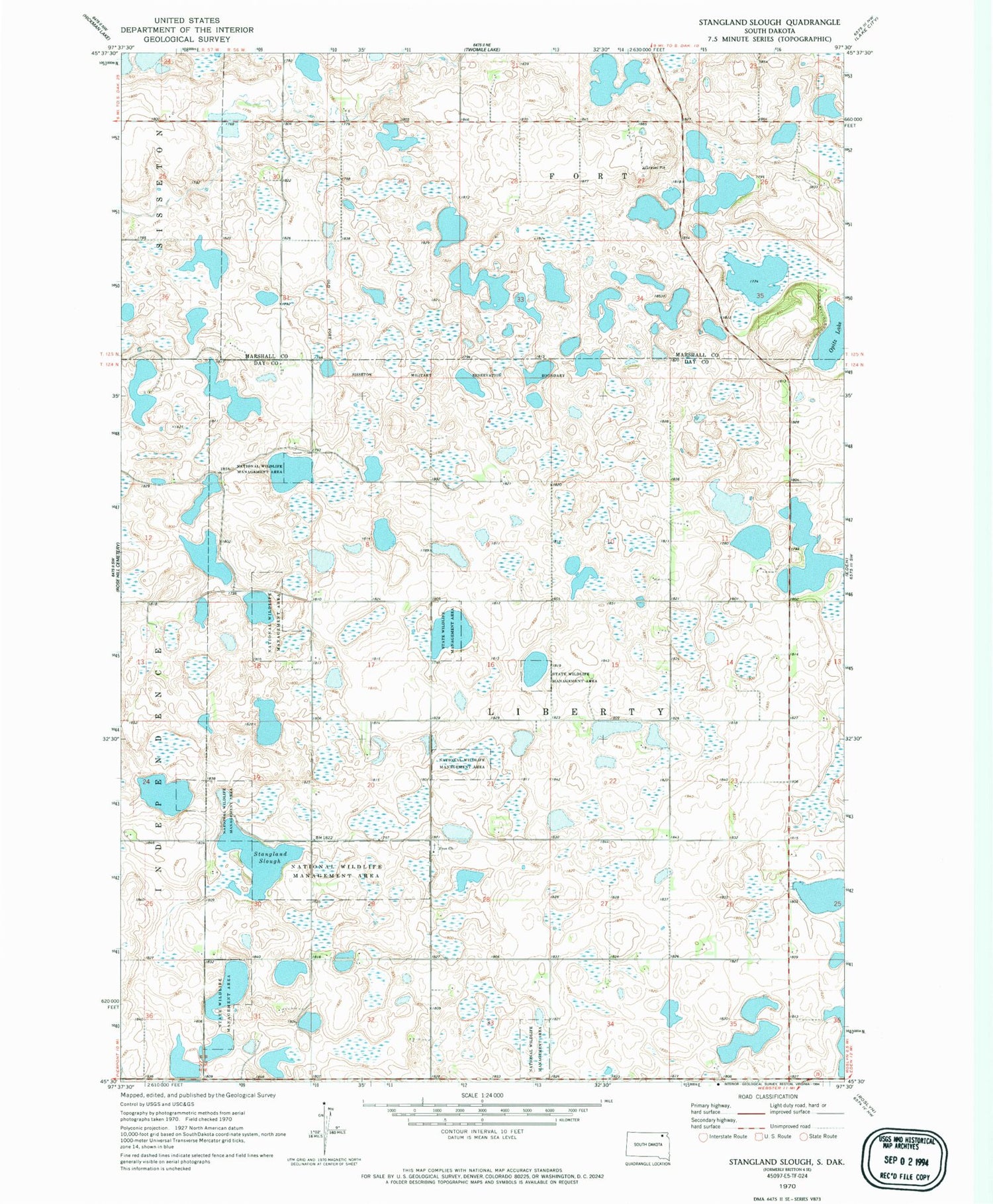 Classic USGS Stangland Slough South Dakota 7.5'x7.5' Topo Map Image