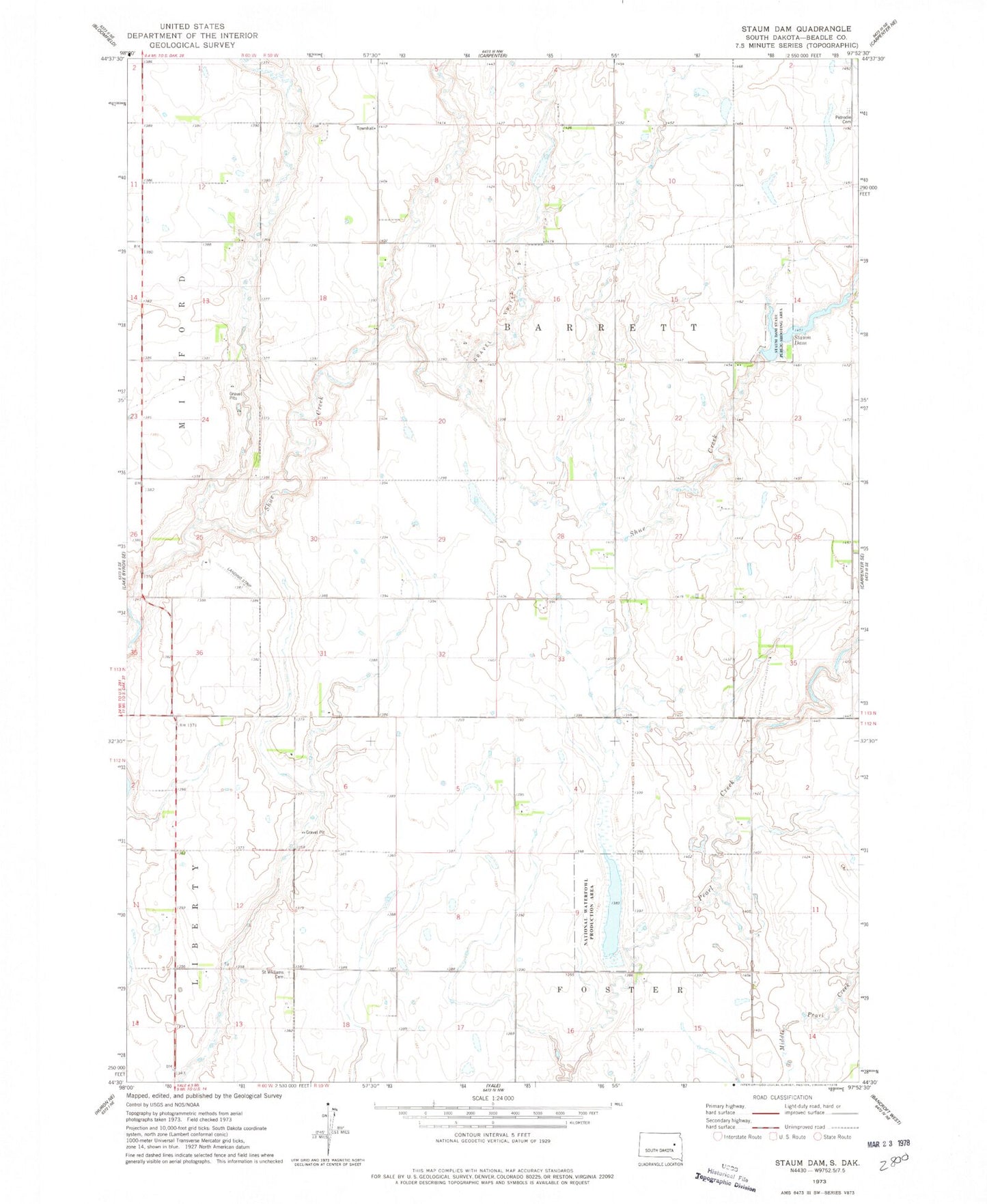 Classic USGS Staum Dam South Dakota 7.5'x7.5' Topo Map Image