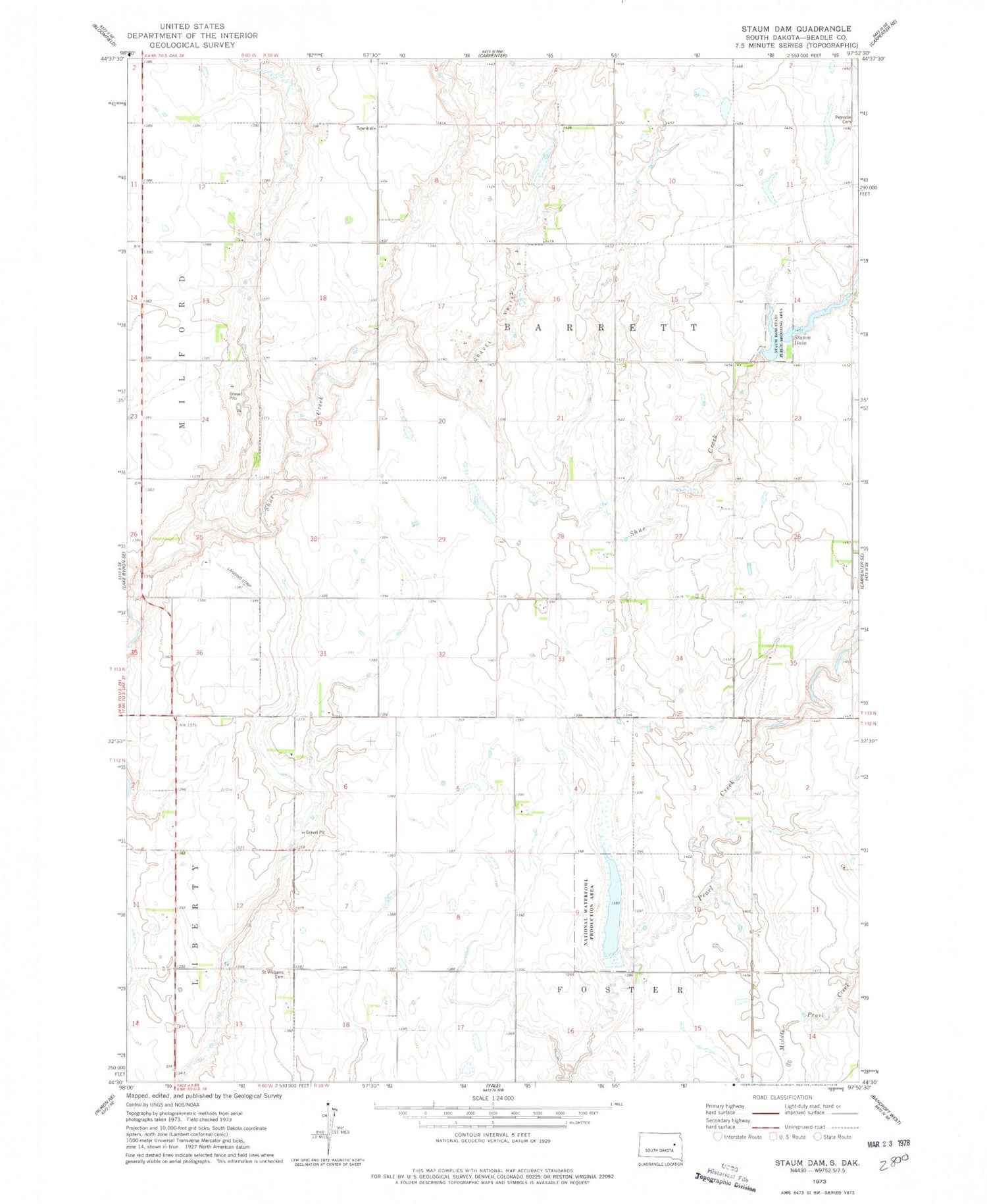 Classic USGS Staum Dam South Dakota 7.5'x7.5' Topo Map Image