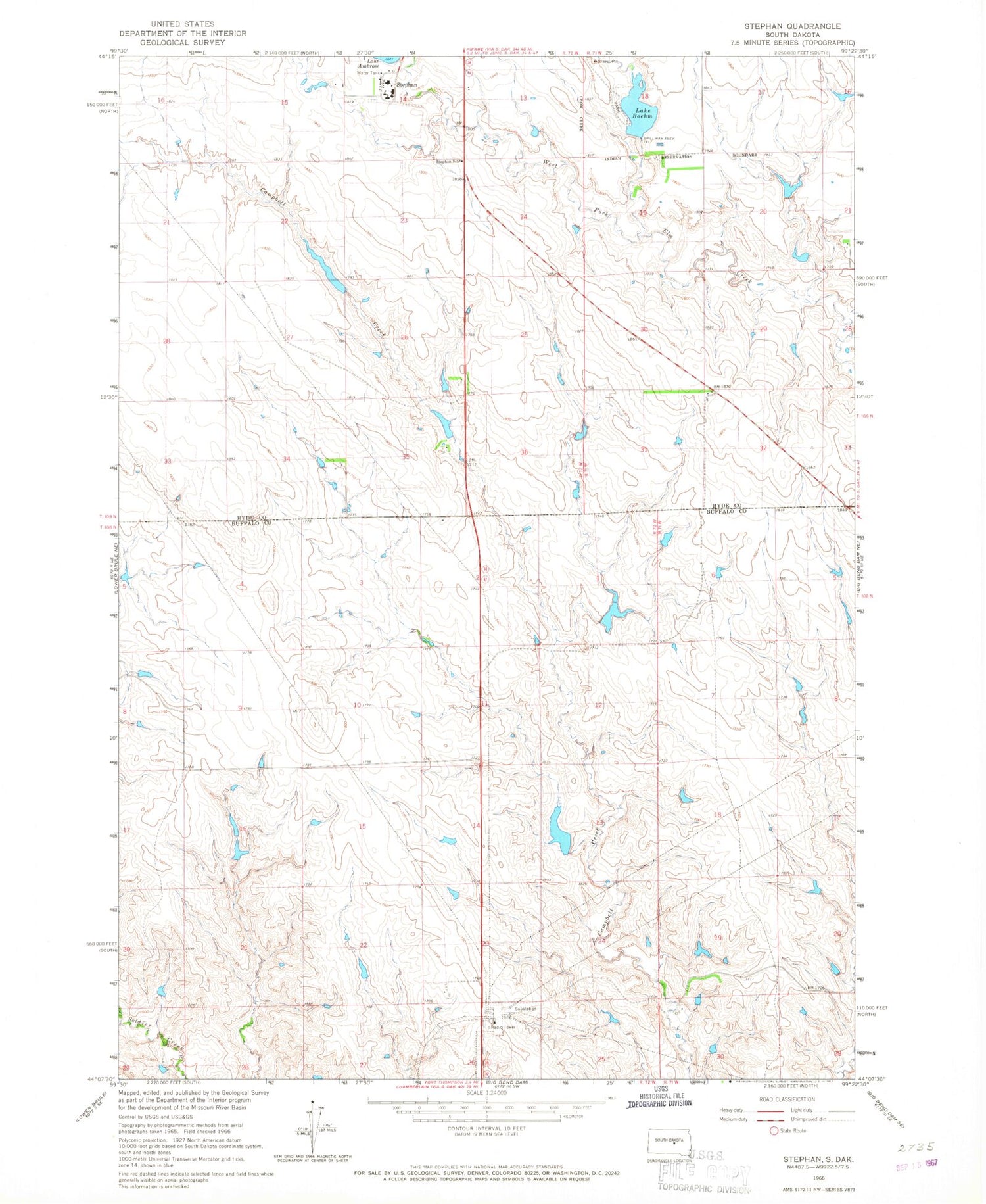 Classic USGS Stephan South Dakota 7.5'x7.5' Topo Map Image