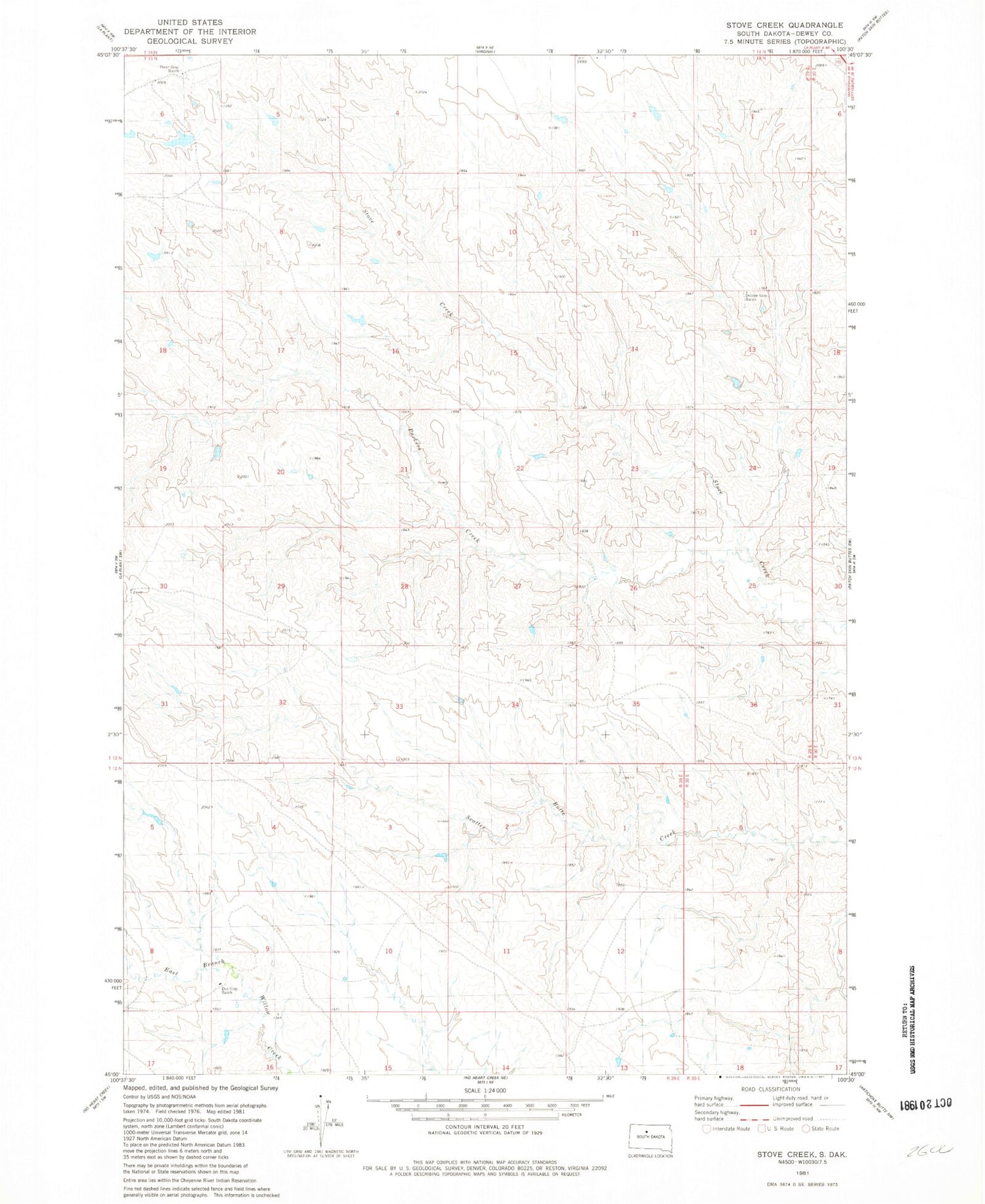 Classic USGS Stove Creek South Dakota 7.5'x7.5' Topo Map Image