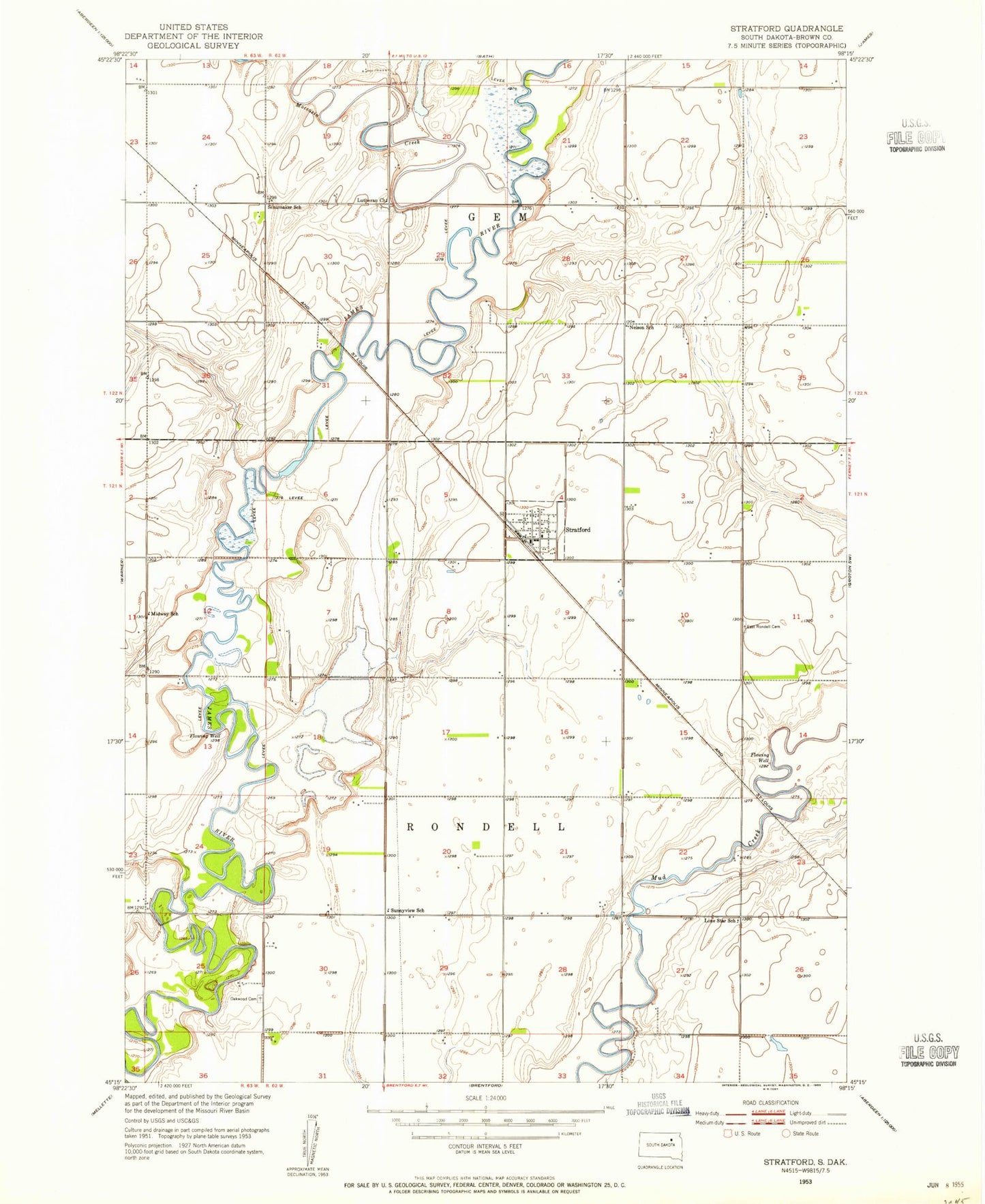 Classic USGS Stratford South Dakota 7.5'x7.5' Topo Map Image