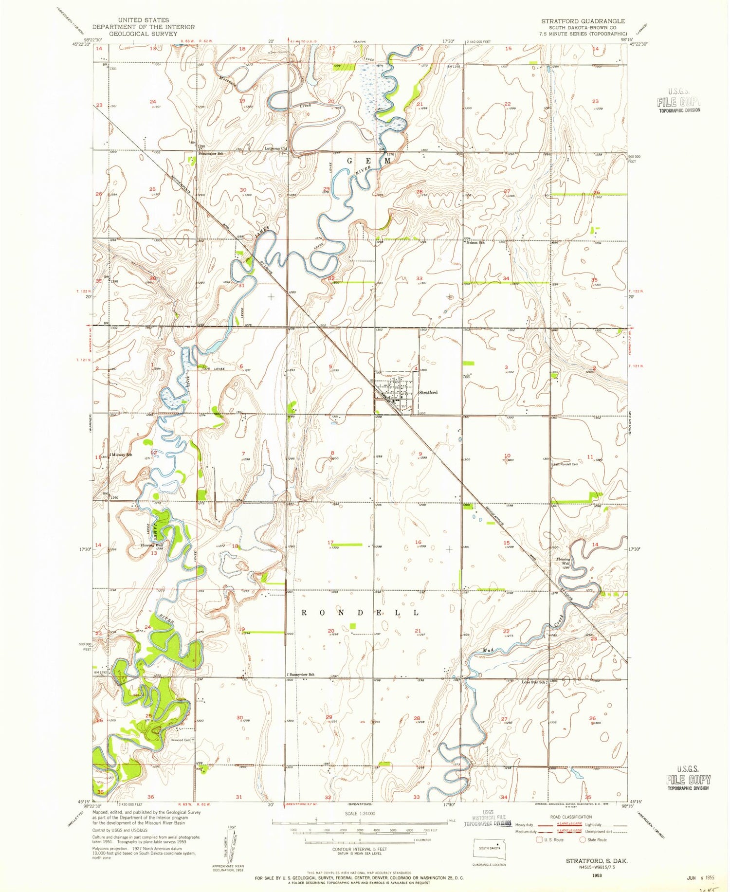 Classic USGS Stratford South Dakota 7.5'x7.5' Topo Map Image