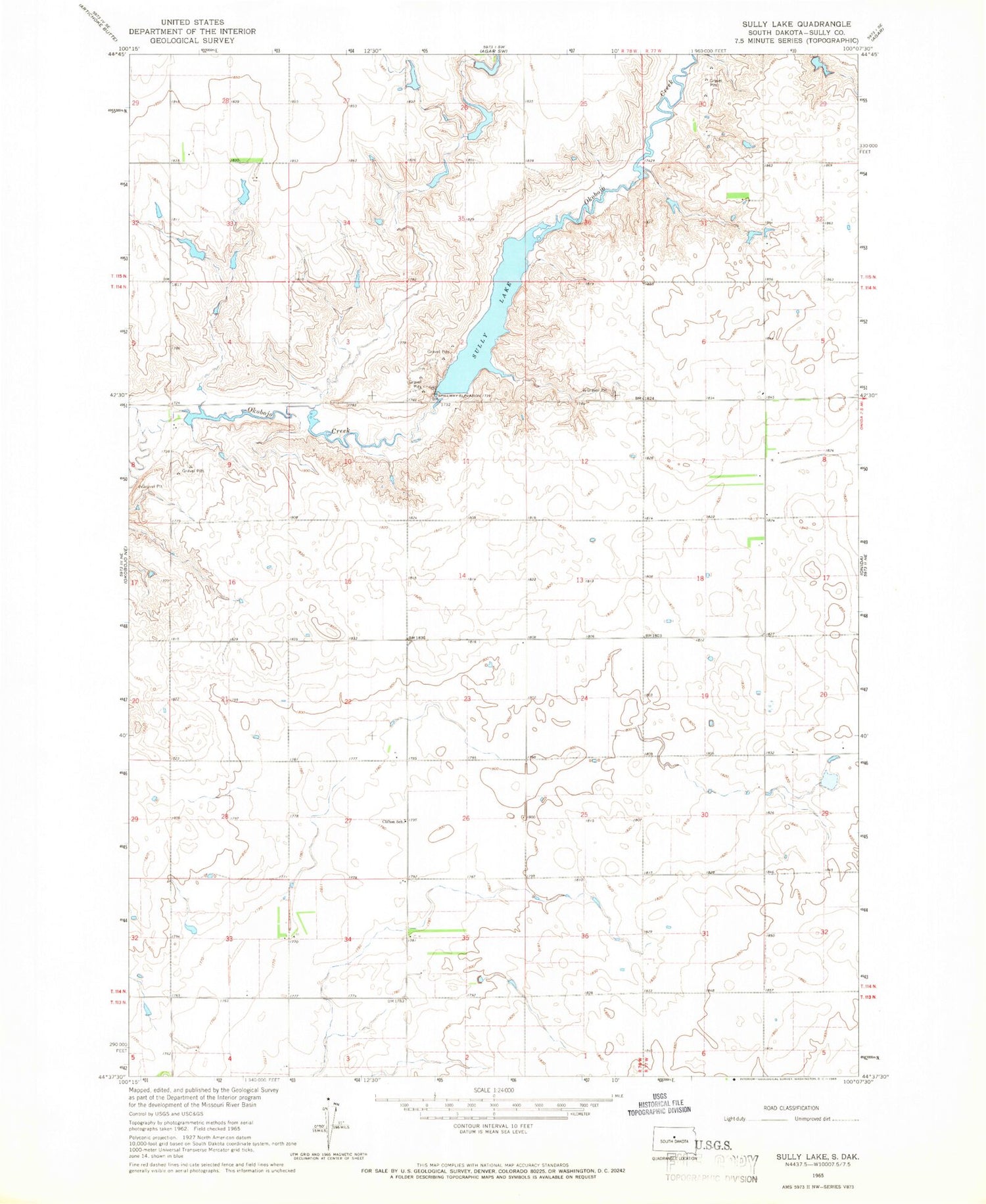 Classic USGS Sully Lake South Dakota 7.5'x7.5' Topo Map Image