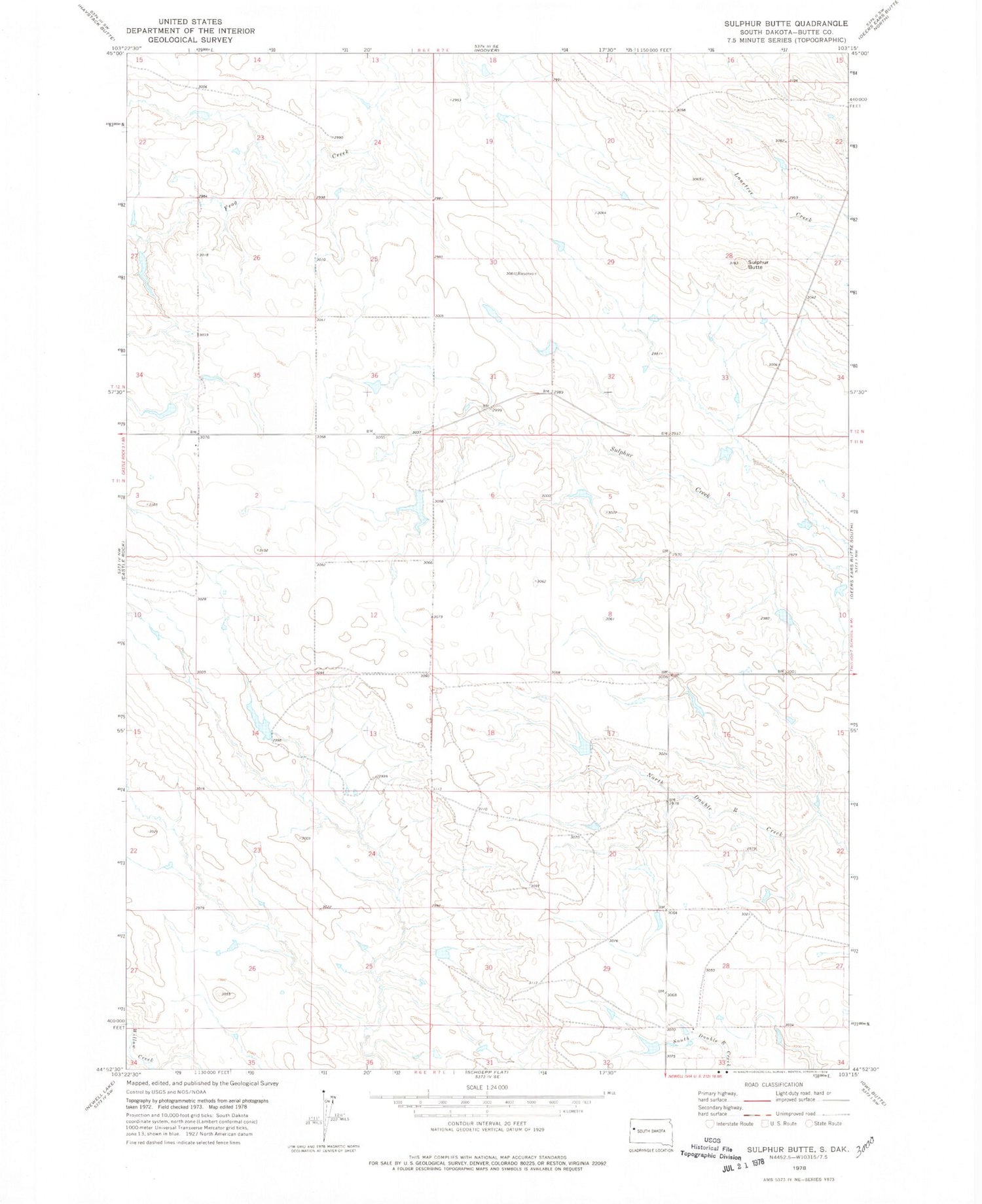 Classic USGS Sulphur Butte South Dakota 7.5'x7.5' Topo Map Image