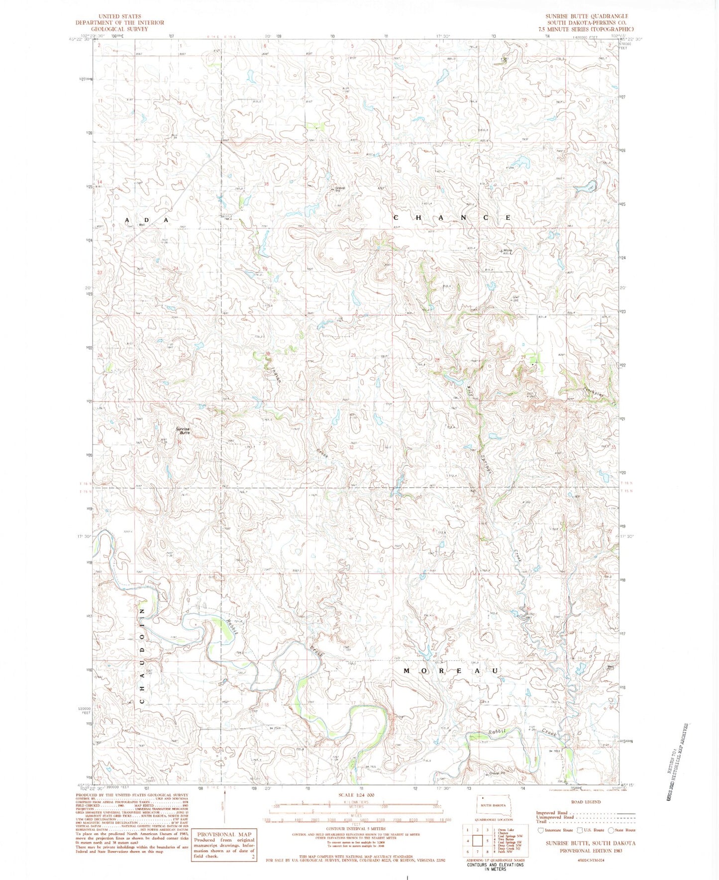 Classic USGS Sunrise Butte South Dakota 7.5'x7.5' Topo Map Image