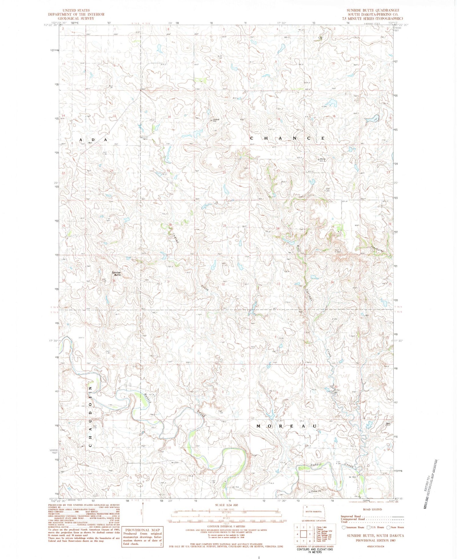 Classic USGS Sunrise Butte South Dakota 7.5'x7.5' Topo Map Image