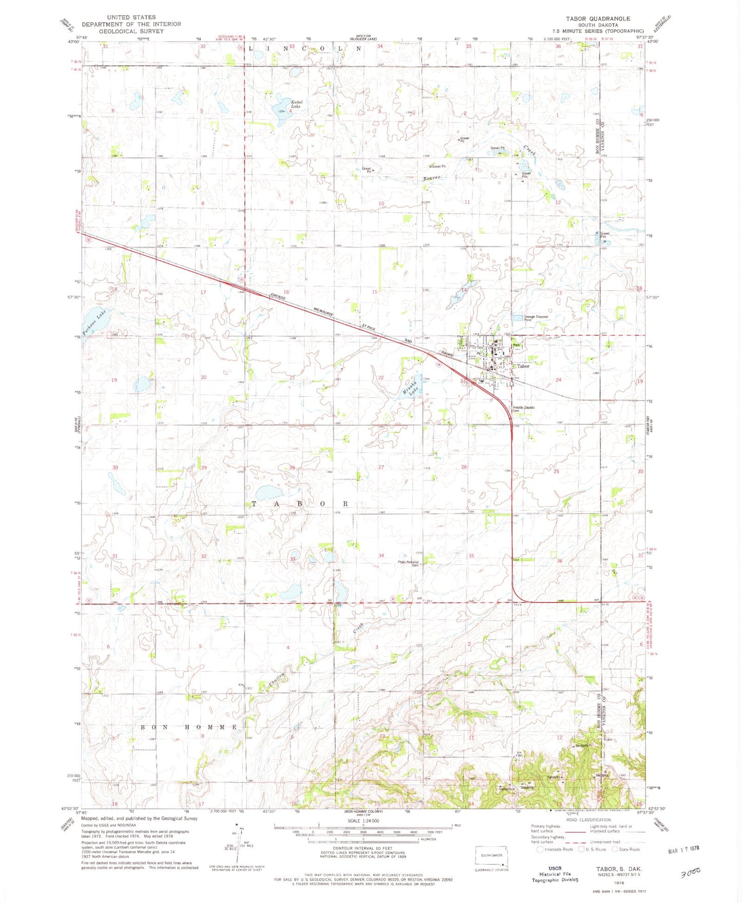 Classic USGS Tabor South Dakota 7.5'x7.5' Topo Map Image