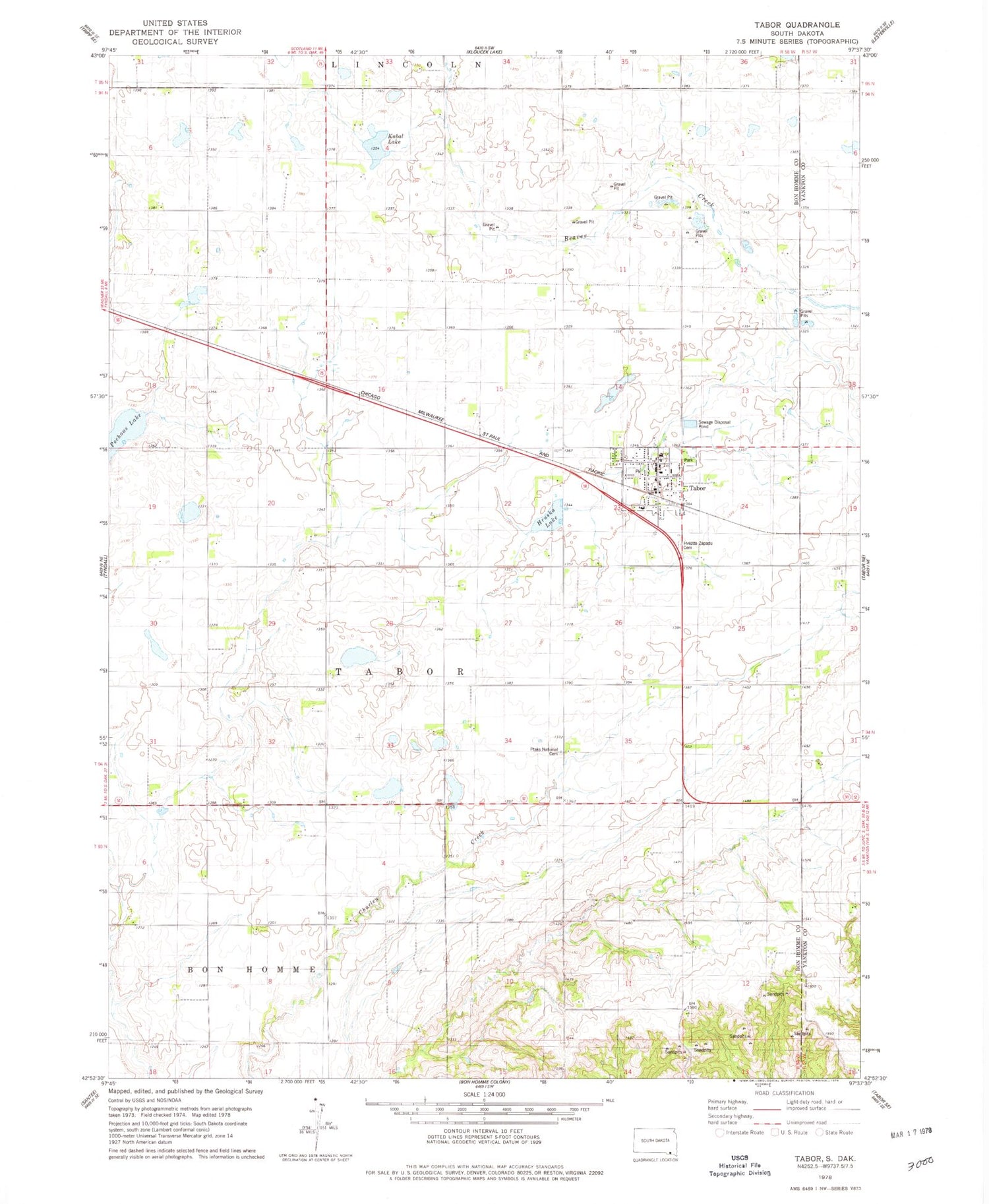 Classic USGS Tabor South Dakota 7.5'x7.5' Topo Map Image