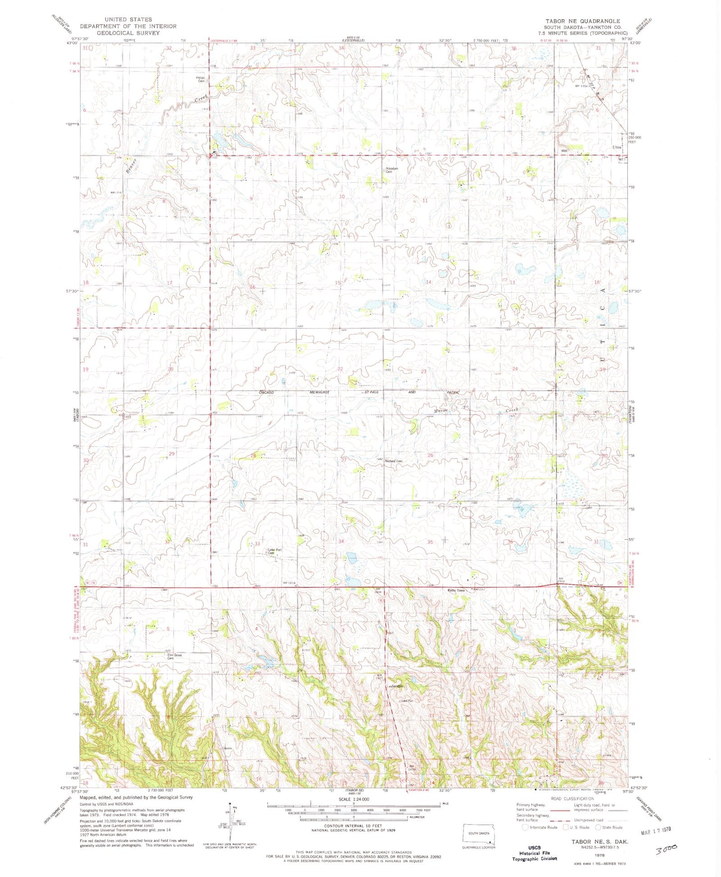 Classic USGS Tabor NE South Dakota 7.5'x7.5' Topo Map Image