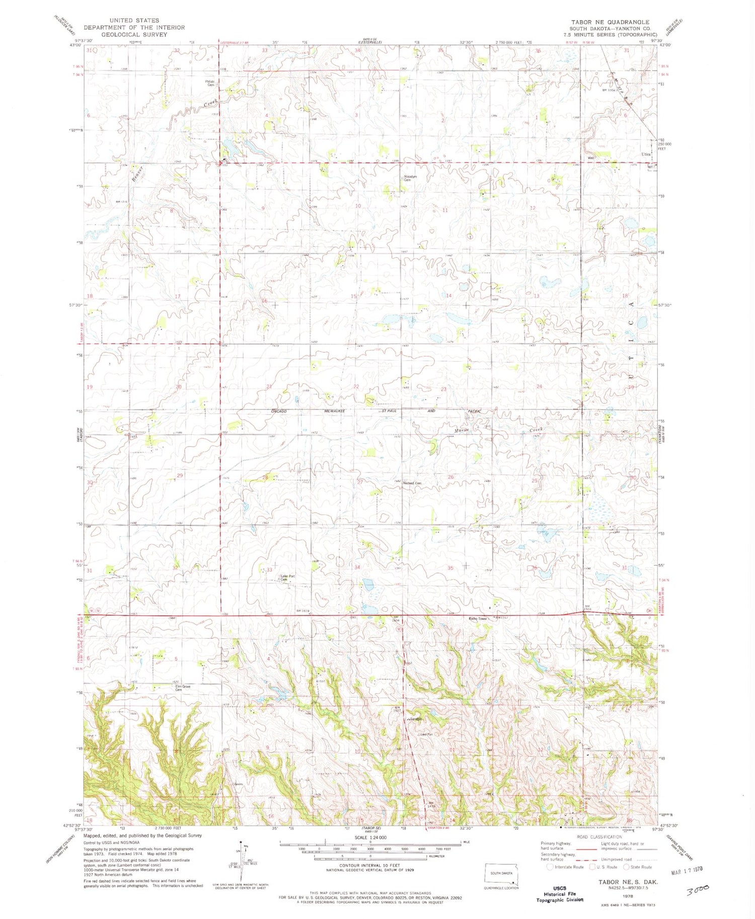Classic USGS Tabor NE South Dakota 7.5'x7.5' Topo Map Image