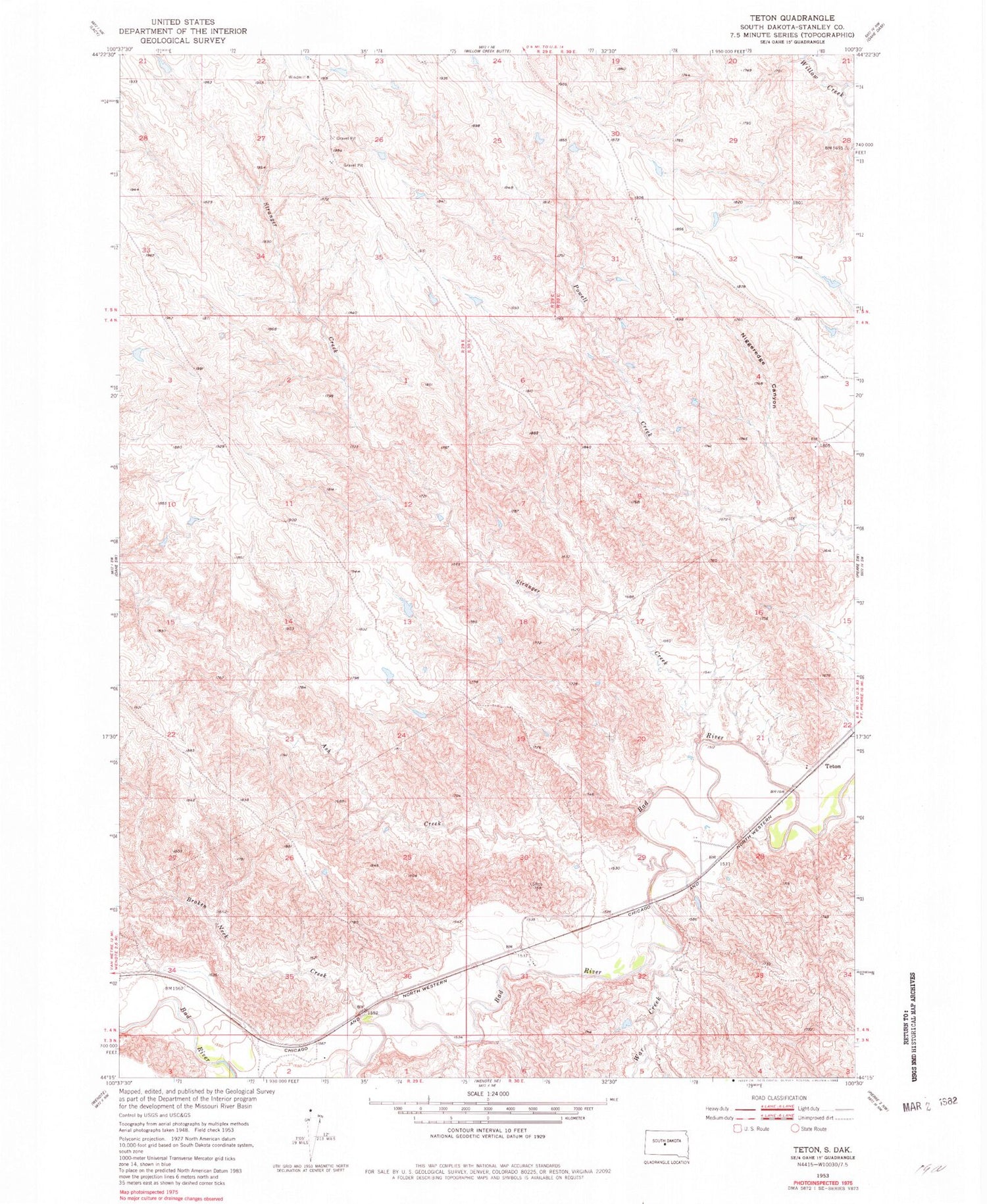 Classic USGS Teton South Dakota 7.5'x7.5' Topo Map Image