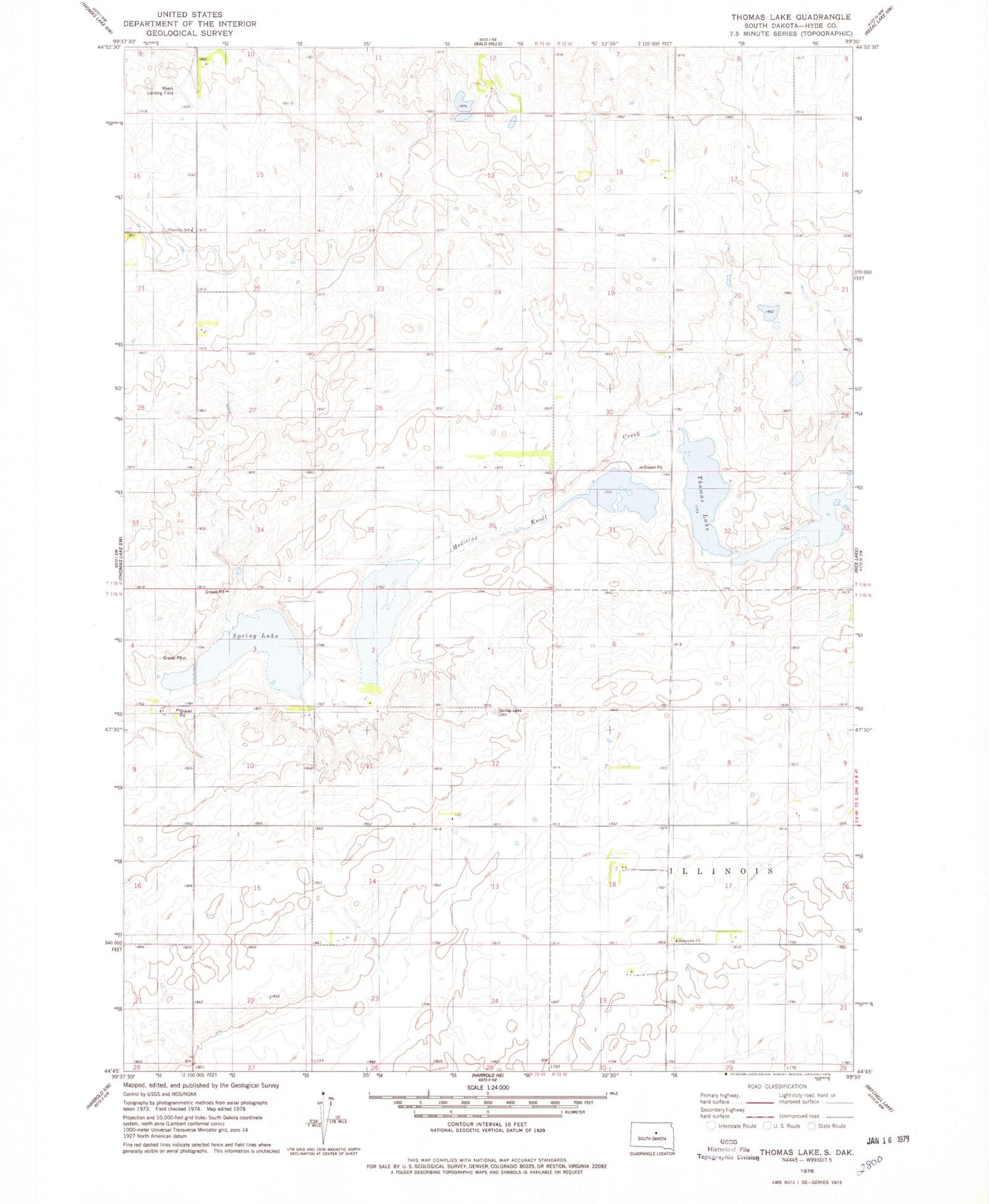 Classic USGS Thomas Lake South Dakota 7.5'x7.5' Topo Map Image