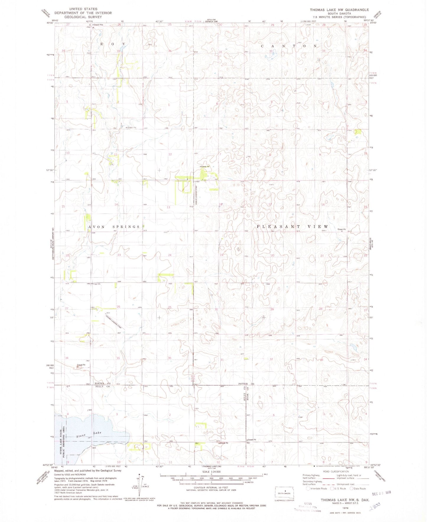 Classic USGS Thomas Lake NW South Dakota 7.5'x7.5' Topo Map Image