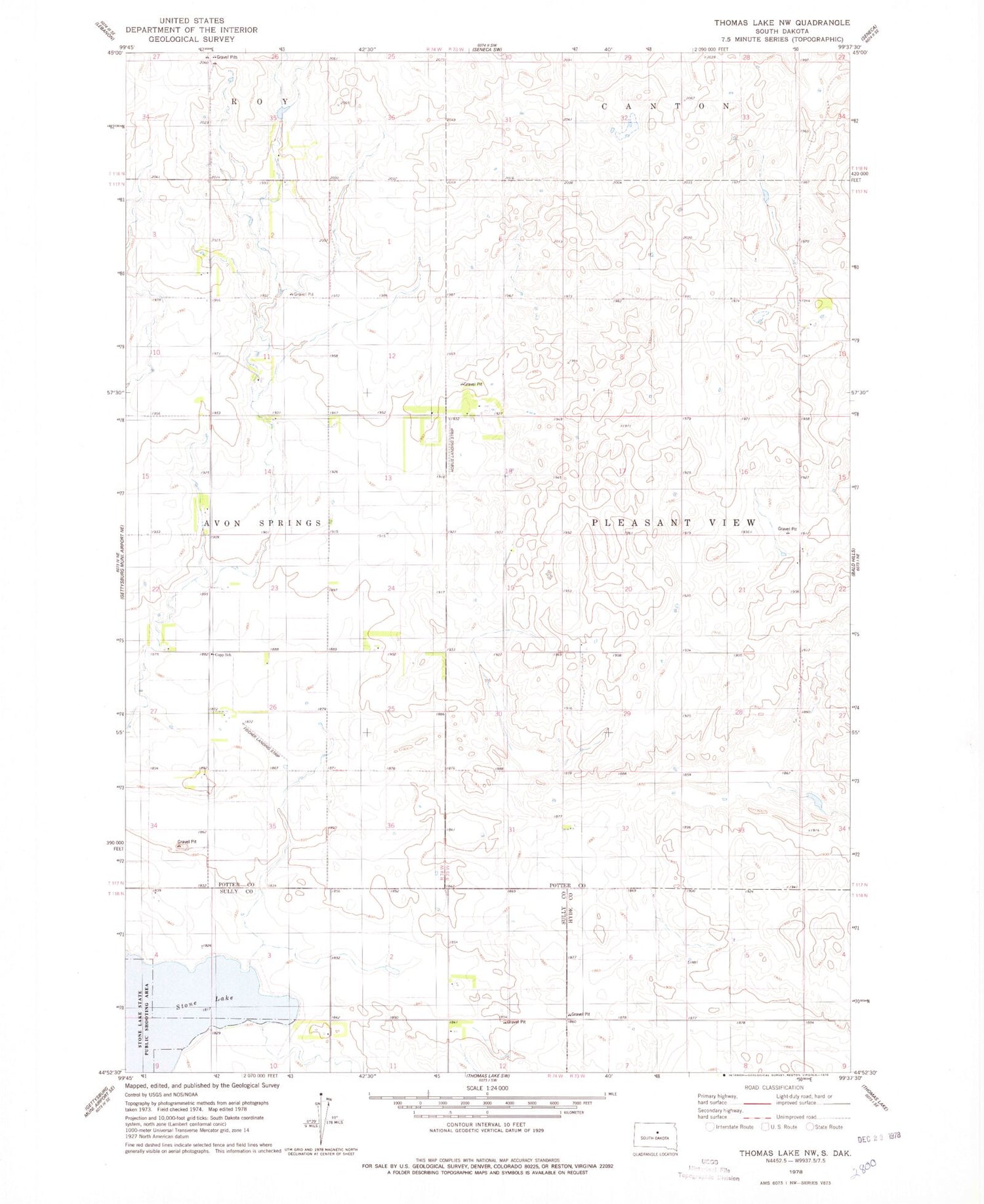 Classic USGS Thomas Lake NW South Dakota 7.5'x7.5' Topo Map Image