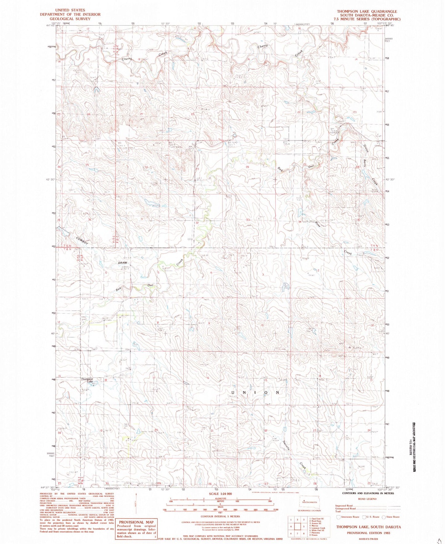 Classic USGS Thompson Lake South Dakota 7.5'x7.5' Topo Map Image