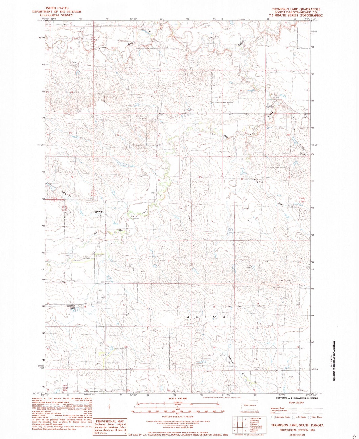 Classic USGS Thompson Lake South Dakota 7.5'x7.5' Topo Map Image