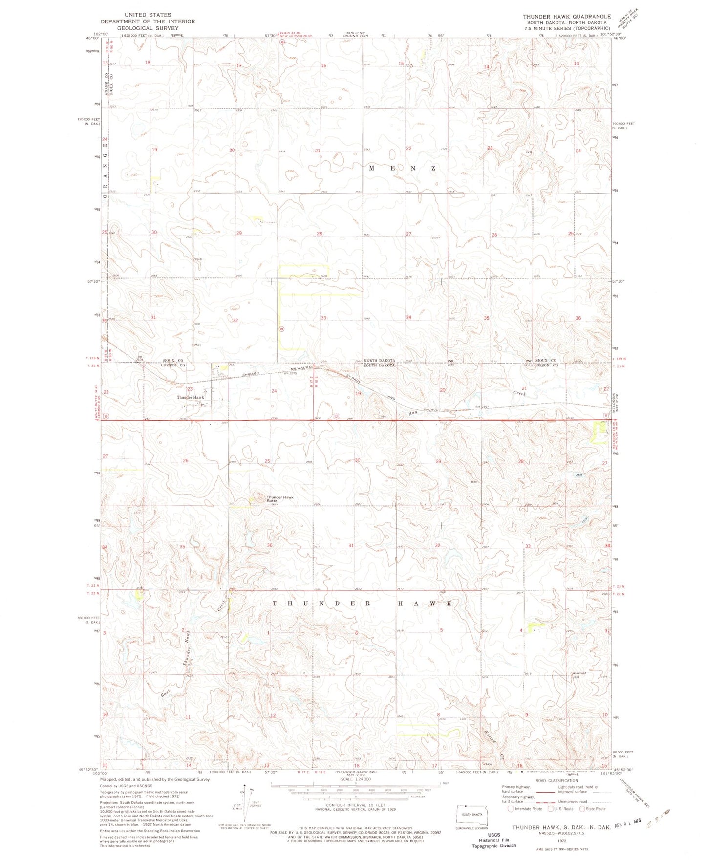 Classic USGS Thunder Hawk South Dakota 7.5'x7.5' Topo Map Image