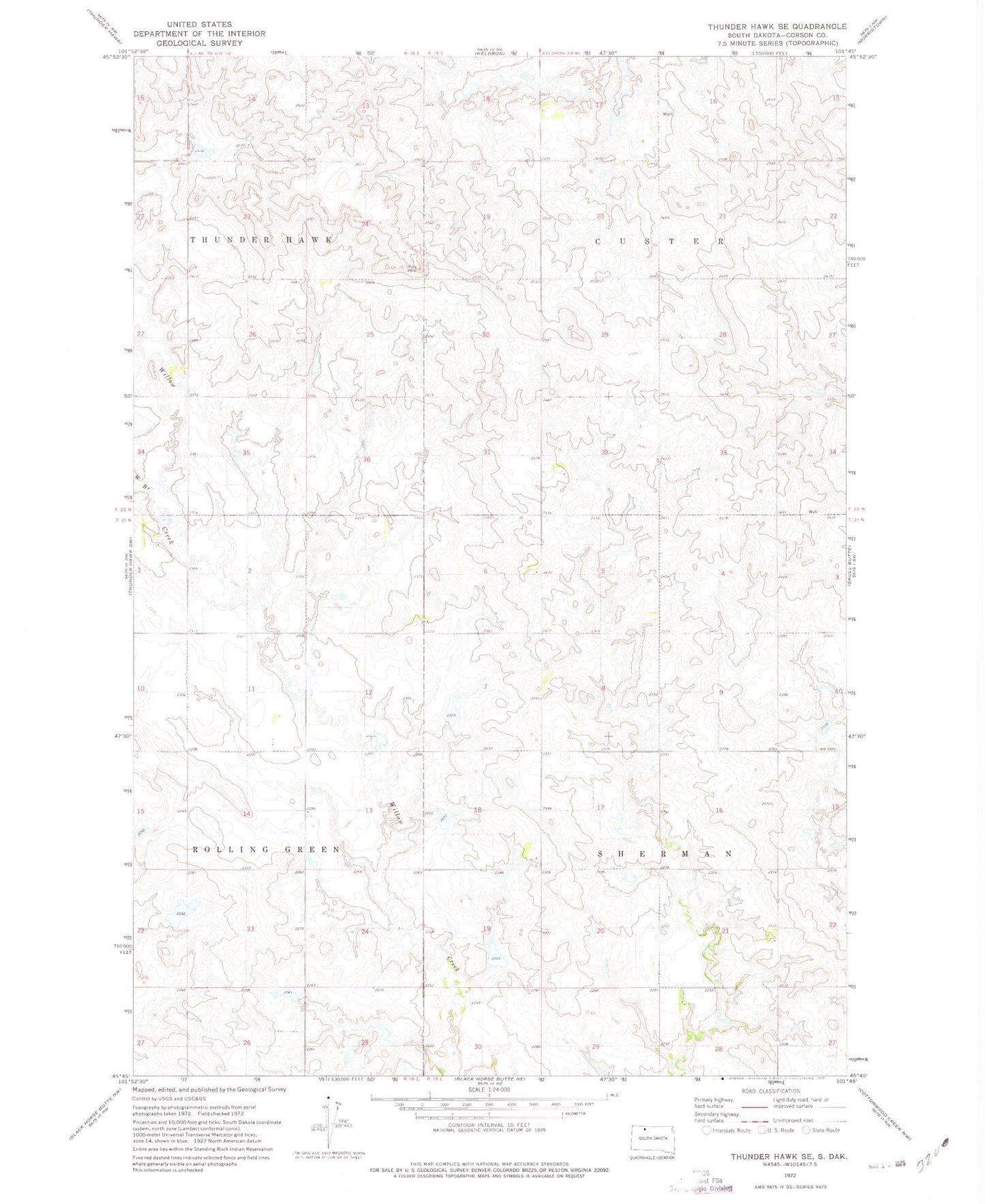 Classic USGS Thunder Hawk SE South Dakota 7.5'x7.5' Topo Map Image