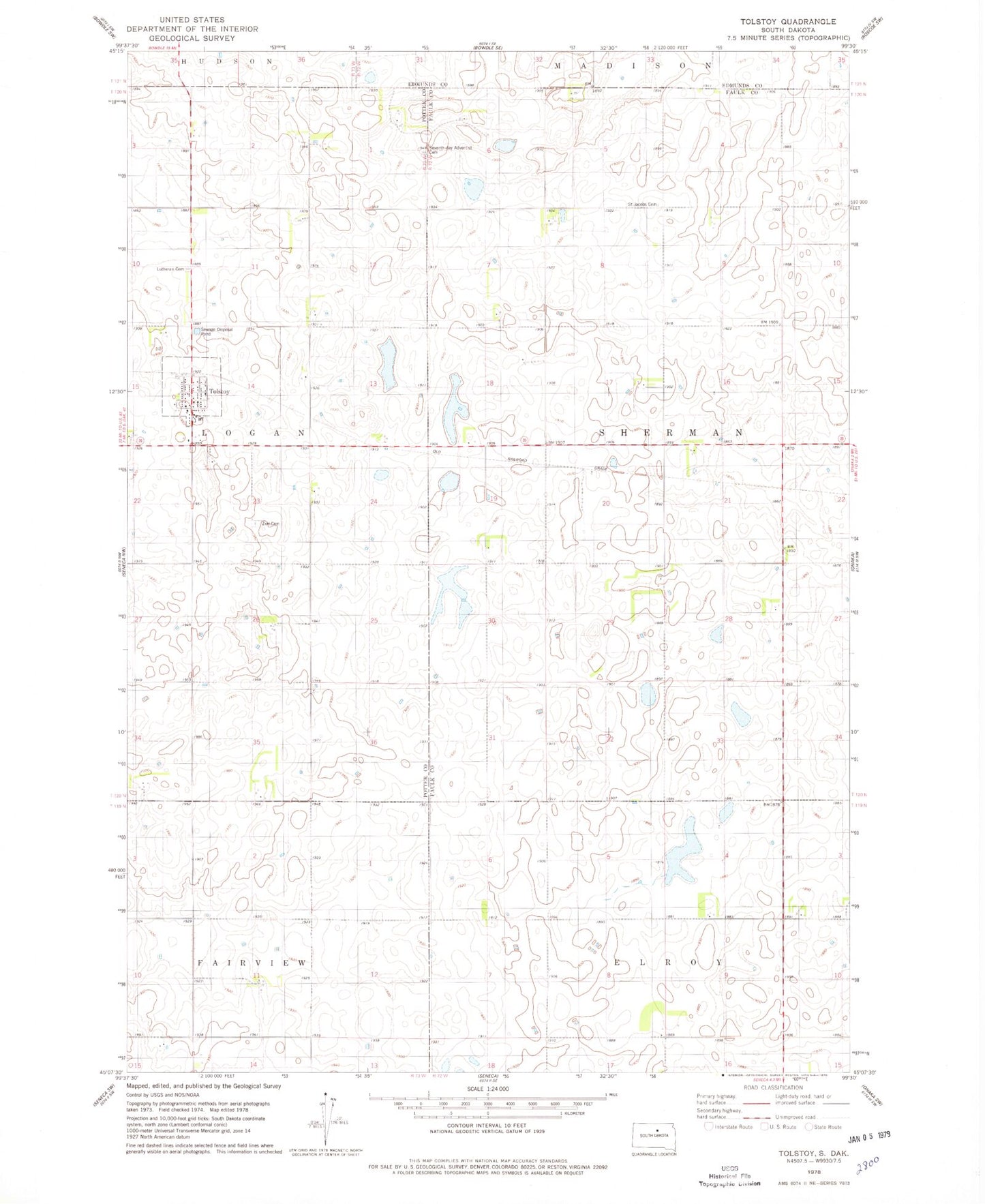 Classic USGS Tolstoy South Dakota 7.5'x7.5' Topo Map Image