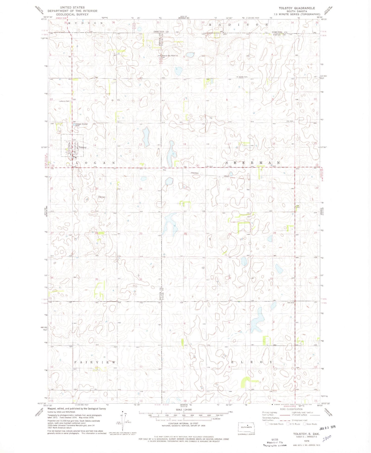 Classic USGS Tolstoy South Dakota 7.5'x7.5' Topo Map Image