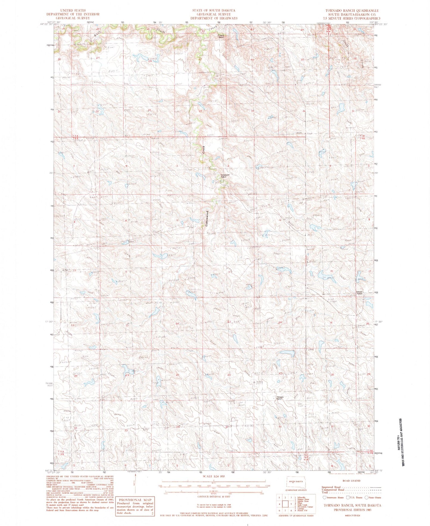 Classic USGS Tornado Ranch South Dakota 7.5'x7.5' Topo Map Image