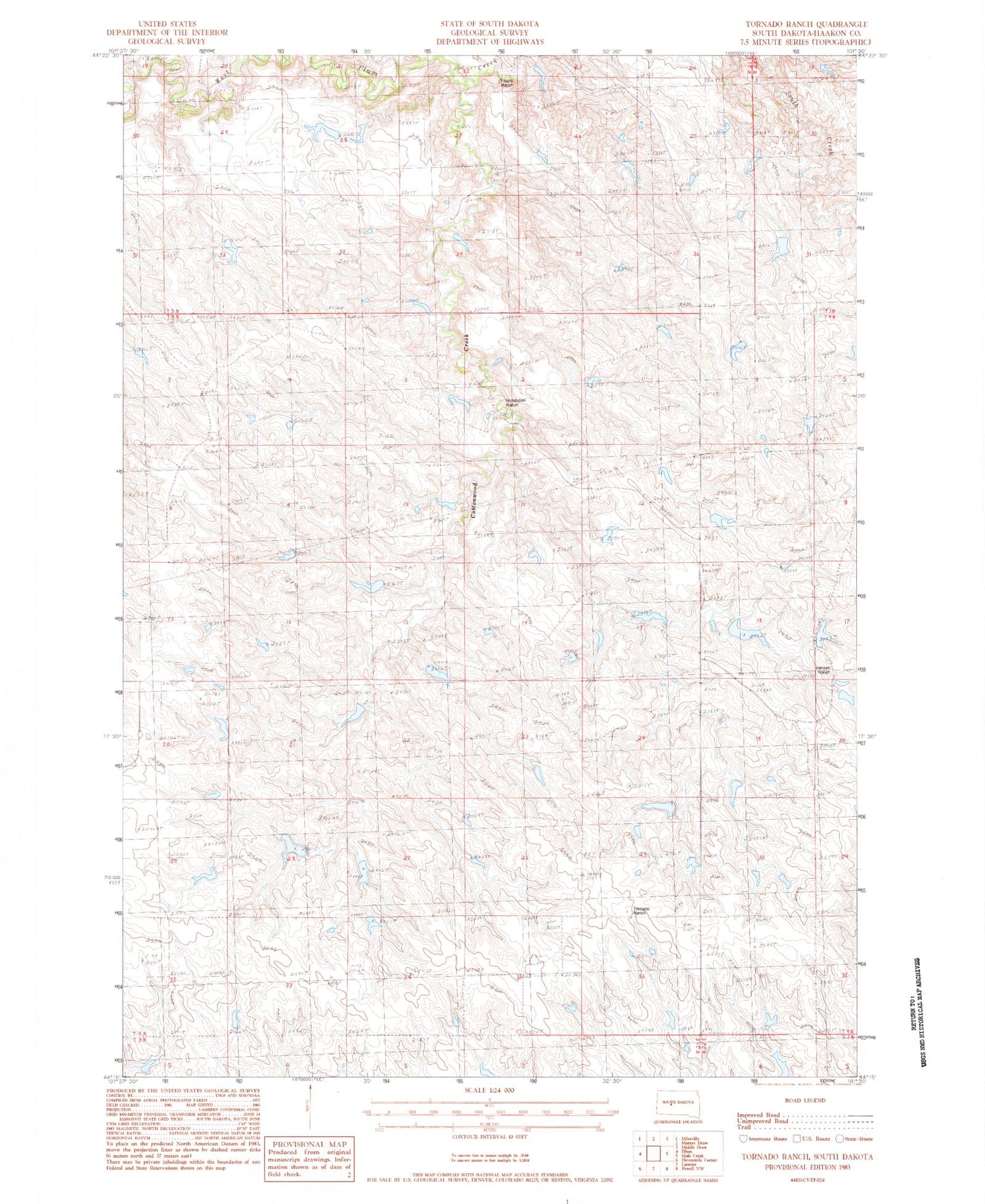 Classic USGS Tornado Ranch South Dakota 7.5'x7.5' Topo Map Image